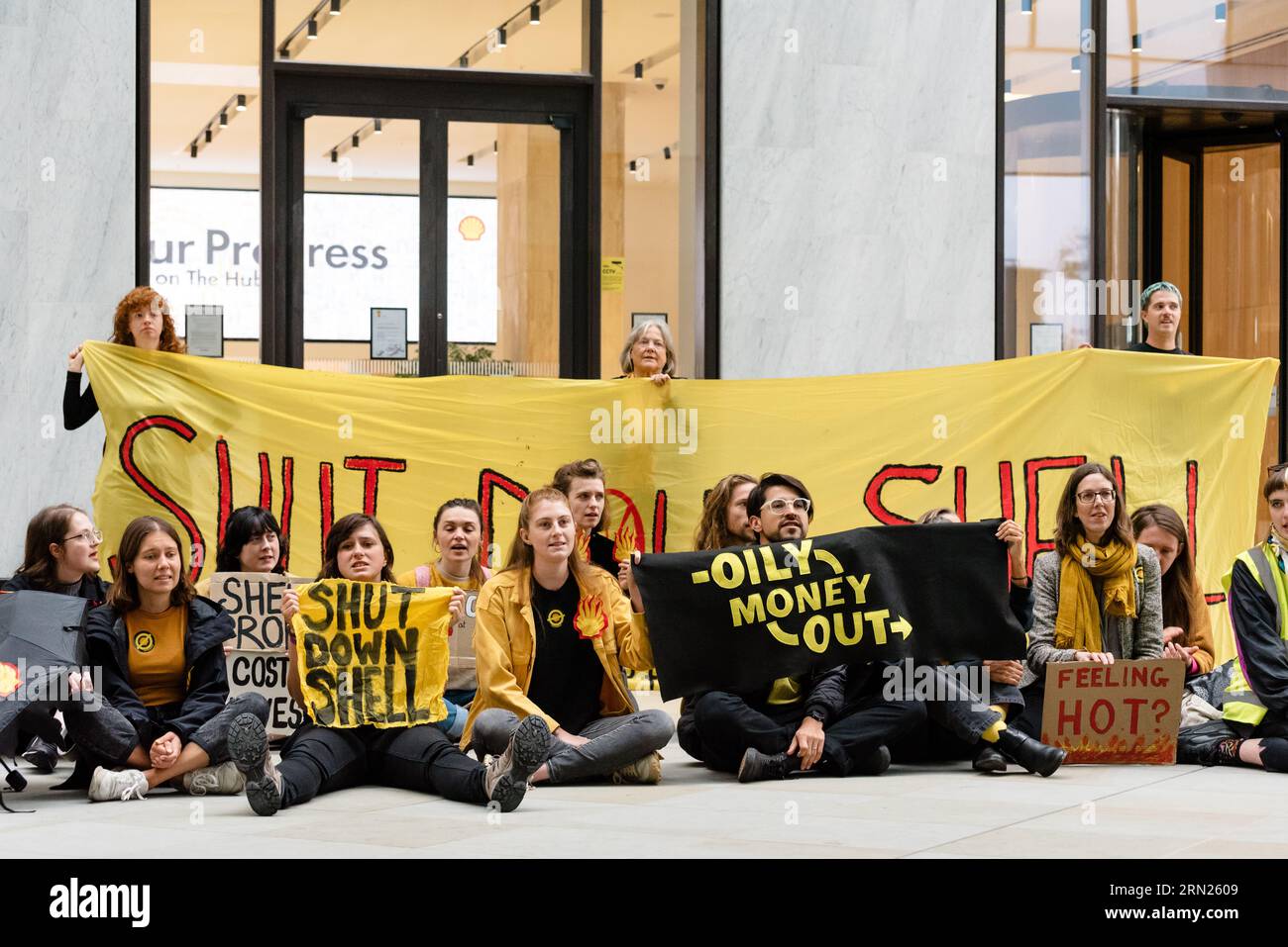 London, UK. 31 August 2023. Fossil Free London protest Shell at their London HQ after a summer of picketing the oil major every week. They asked employees to whistleblow or leave the company over their greenwash and oil and gas expansion. Credit: Andrea Domeniconi/Alamy Live News Stock Photo