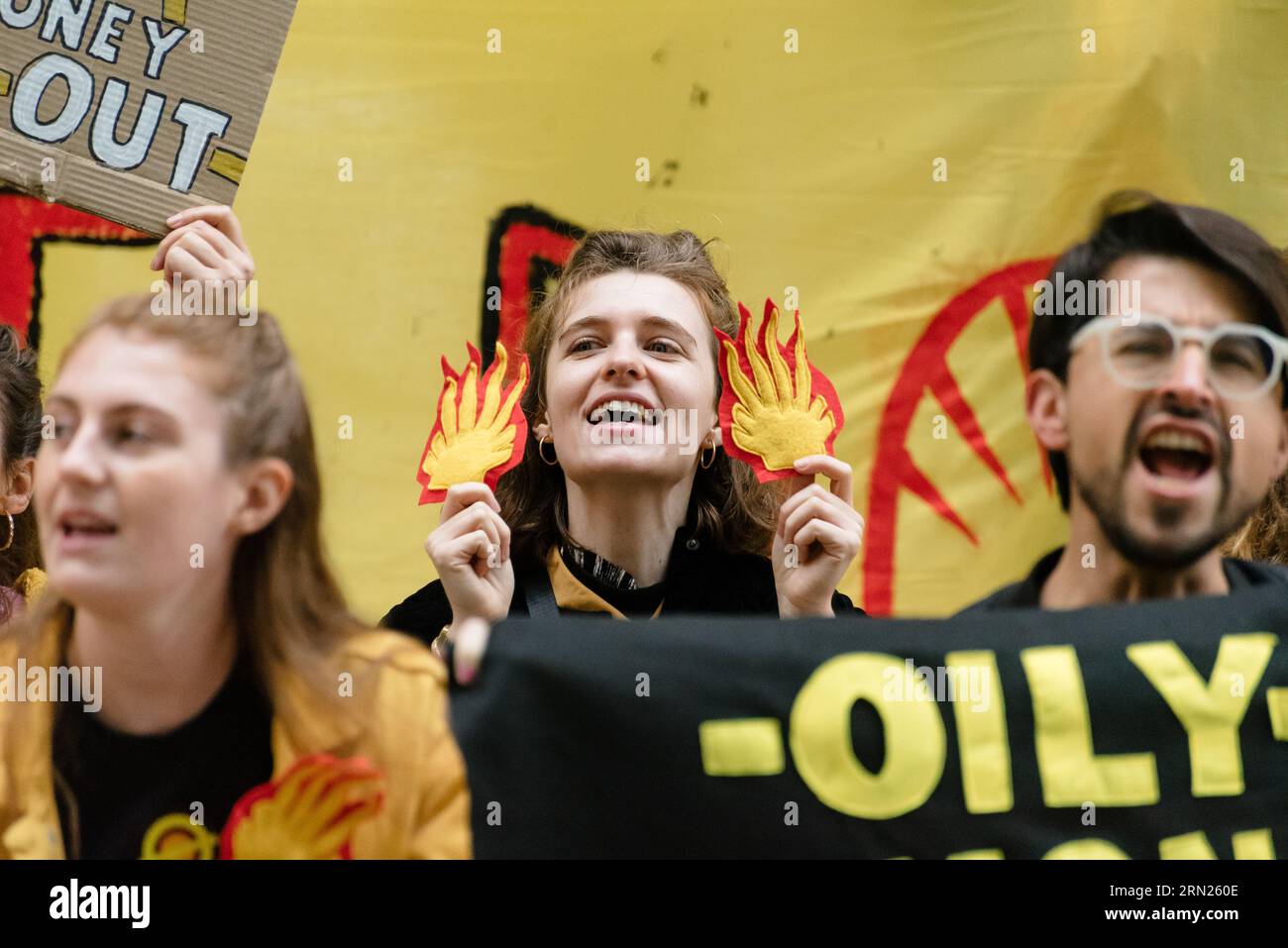 London, UK. 31 August 2023. Fossil Free London protest Shell at their London HQ after a summer of picketing the oil major every week. They asked employees to whistleblow or leave the company over their greenwash and oil and gas expansion. Credit: Andrea Domeniconi/Alamy Live News Stock Photo