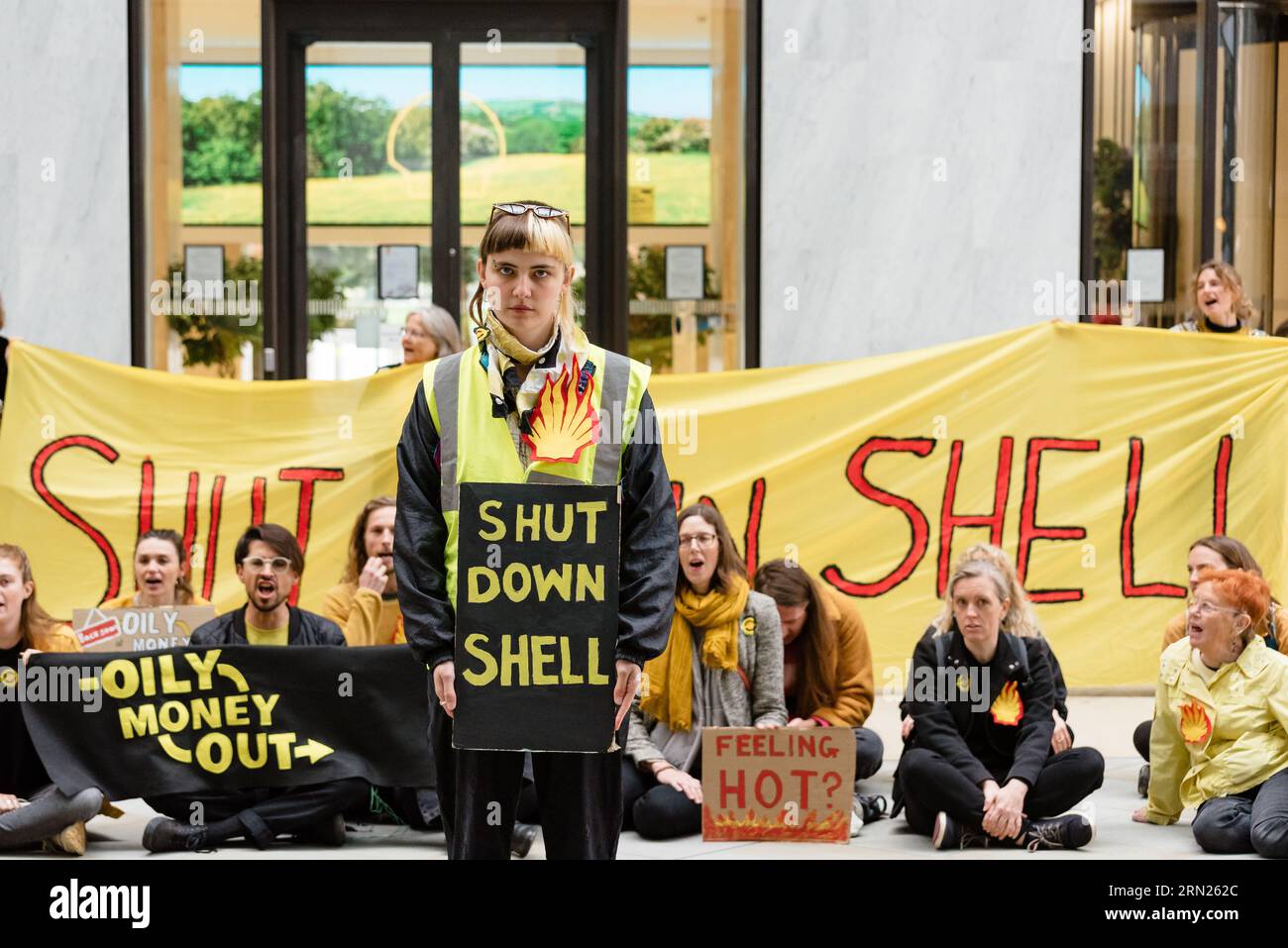 London, UK. 31 August 2023. Fossil Free London protest Shell at their London HQ after a summer of picketing the oil major every week. They asked employees to whistleblow or leave the company over their greenwash and oil and gas expansion. Credit: Andrea Domeniconi/Alamy Live News Stock Photo