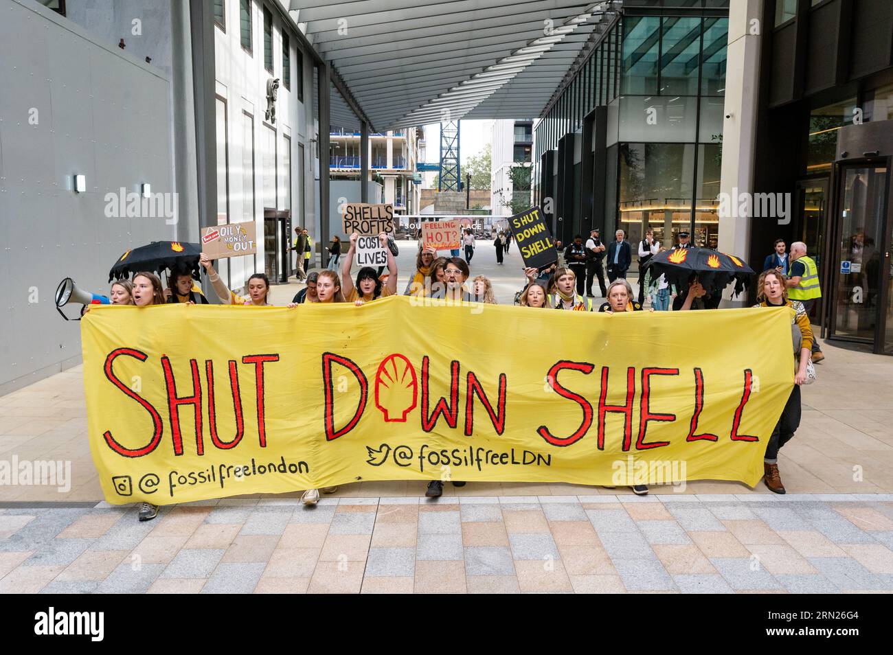 London, UK. 31 August 2023. Fossil Free London protest Shell at their ...