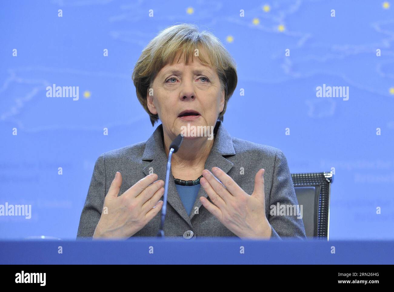 (150212) -- BRUSSELS, Feb. 12, 2015 -- German Chancellor Angela Merkel addresses a press conference after EU summit at EU headquarters in Brussles, Belgium, Feb. 12, 2015. ) BELGIUM-BRUSSELS-EU-SUMMIT YexPingfan PUBLICATIONxNOTxINxCHN   Brussels Feb 12 2015 German Chancellor Angela Merkel addresses a Press Conference After EU Summit AT EU Headquarters in  Belgium Feb 12 2015 Belgium Brussels EU Summit  PUBLICATIONxNOTxINxCHN Stock Photo