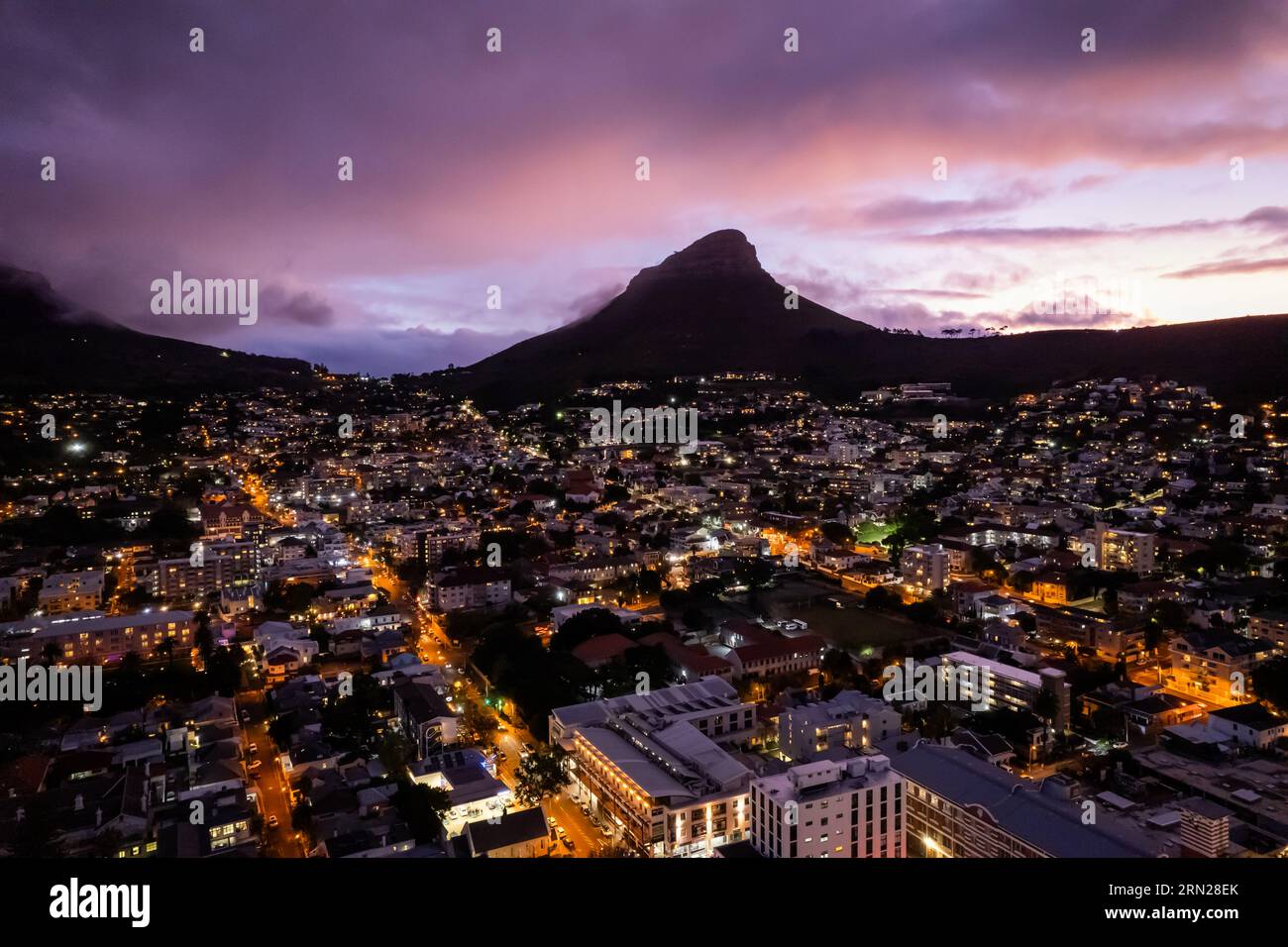 Aerial view of Cape Town city centre at sunset in Western Cape, South ...