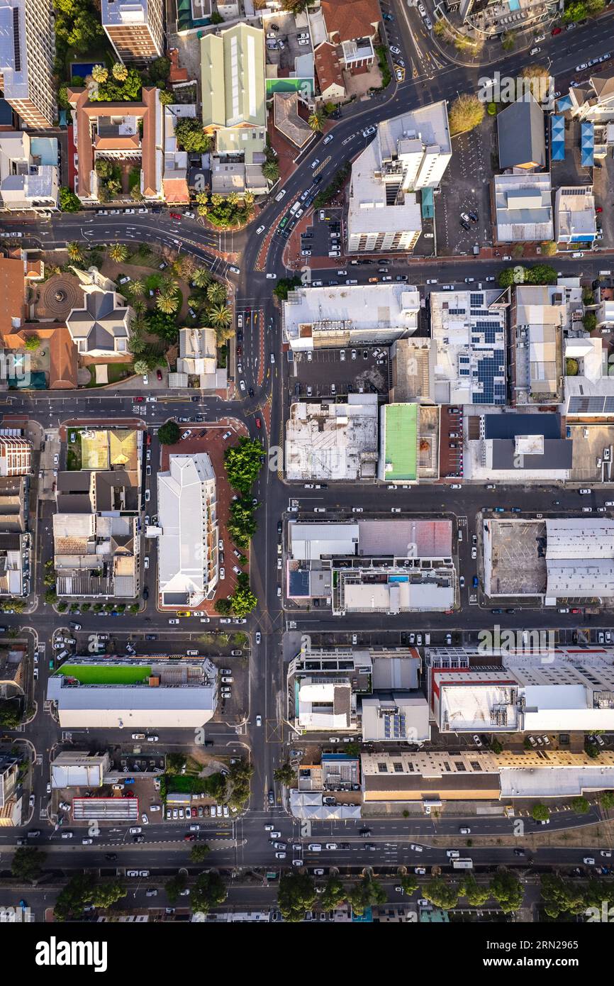 Aerial view of Cape Town city centre at sunset in Western Cape, South