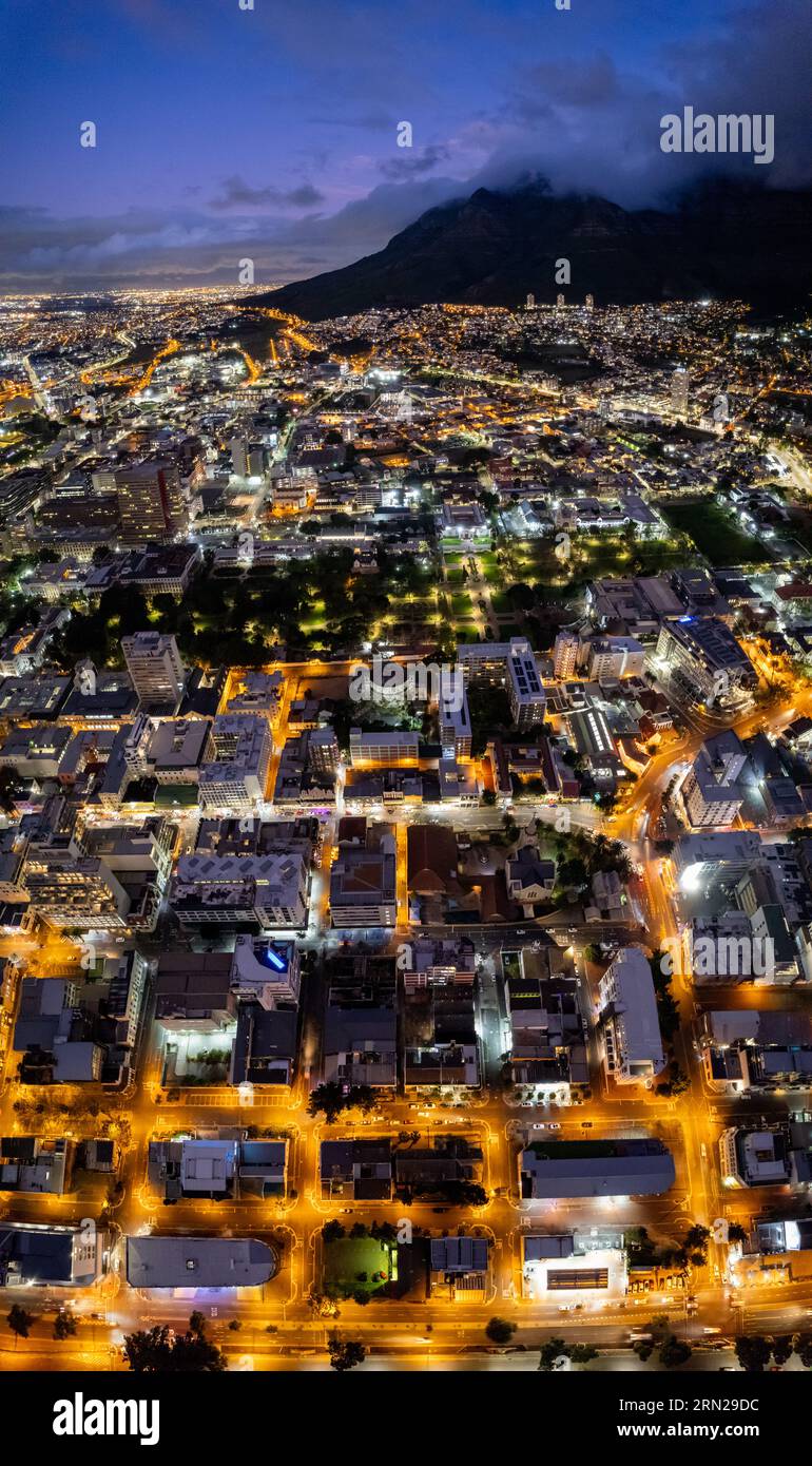 Aerial view of Cape Town city centre at sunset in Western Cape, South