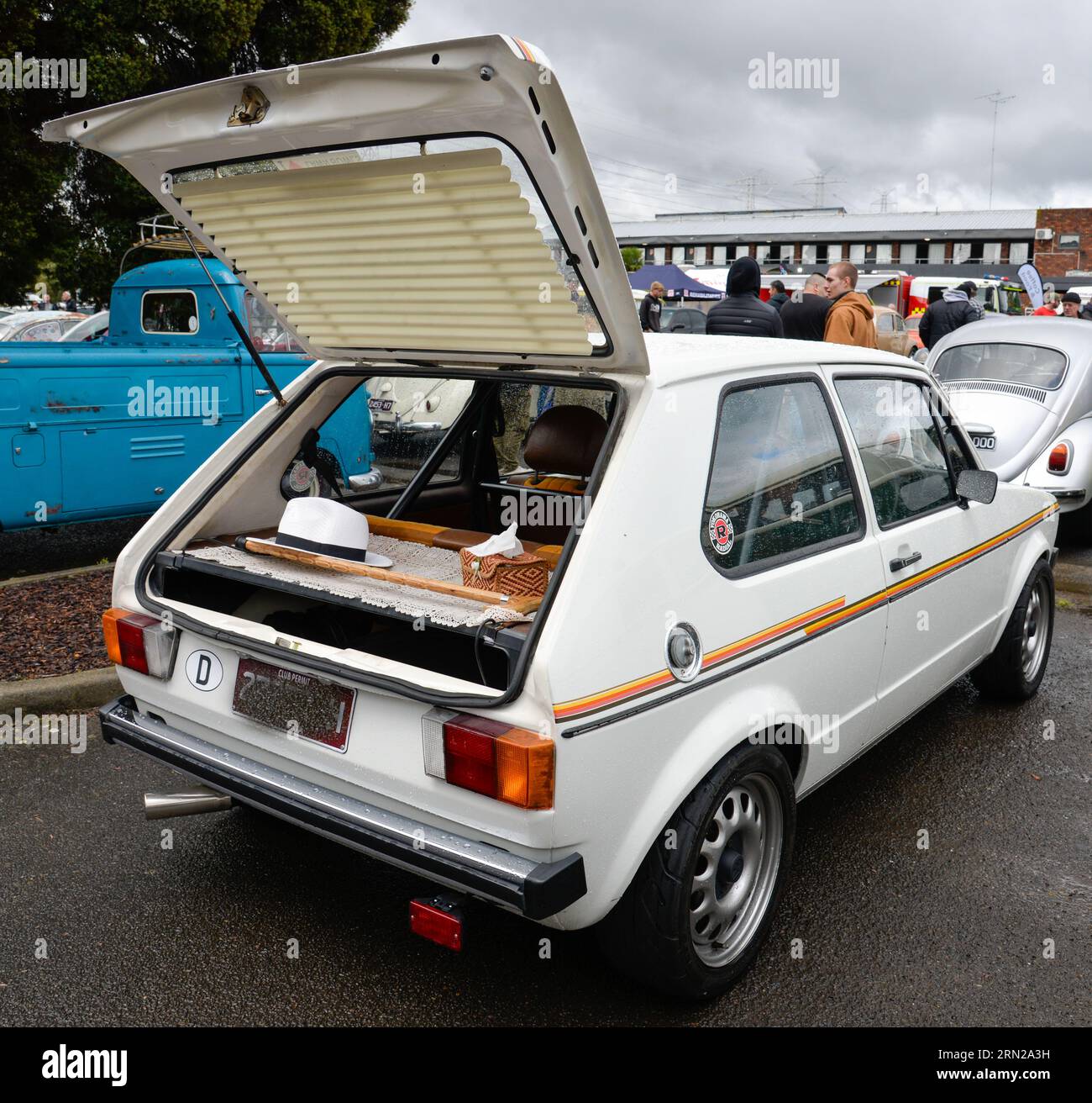 Volkswagen VW Golf Mk1 Mark i l White with Stripes Vintage Retro Show Shine Day Out, Melbourne Victoria Stock Photo