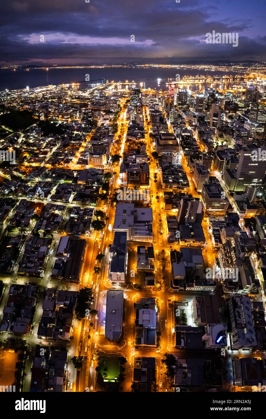 Aerial view of Cape Town city centre at night in Western Cape, South ...