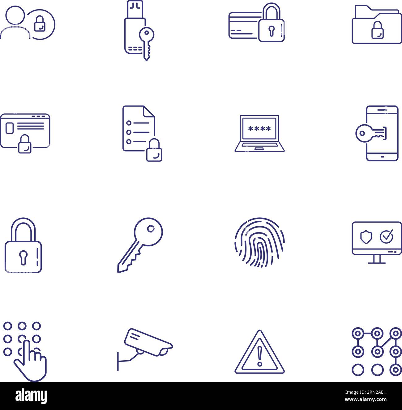 Security line icon set. Surveillance camera, warning Stock Vector