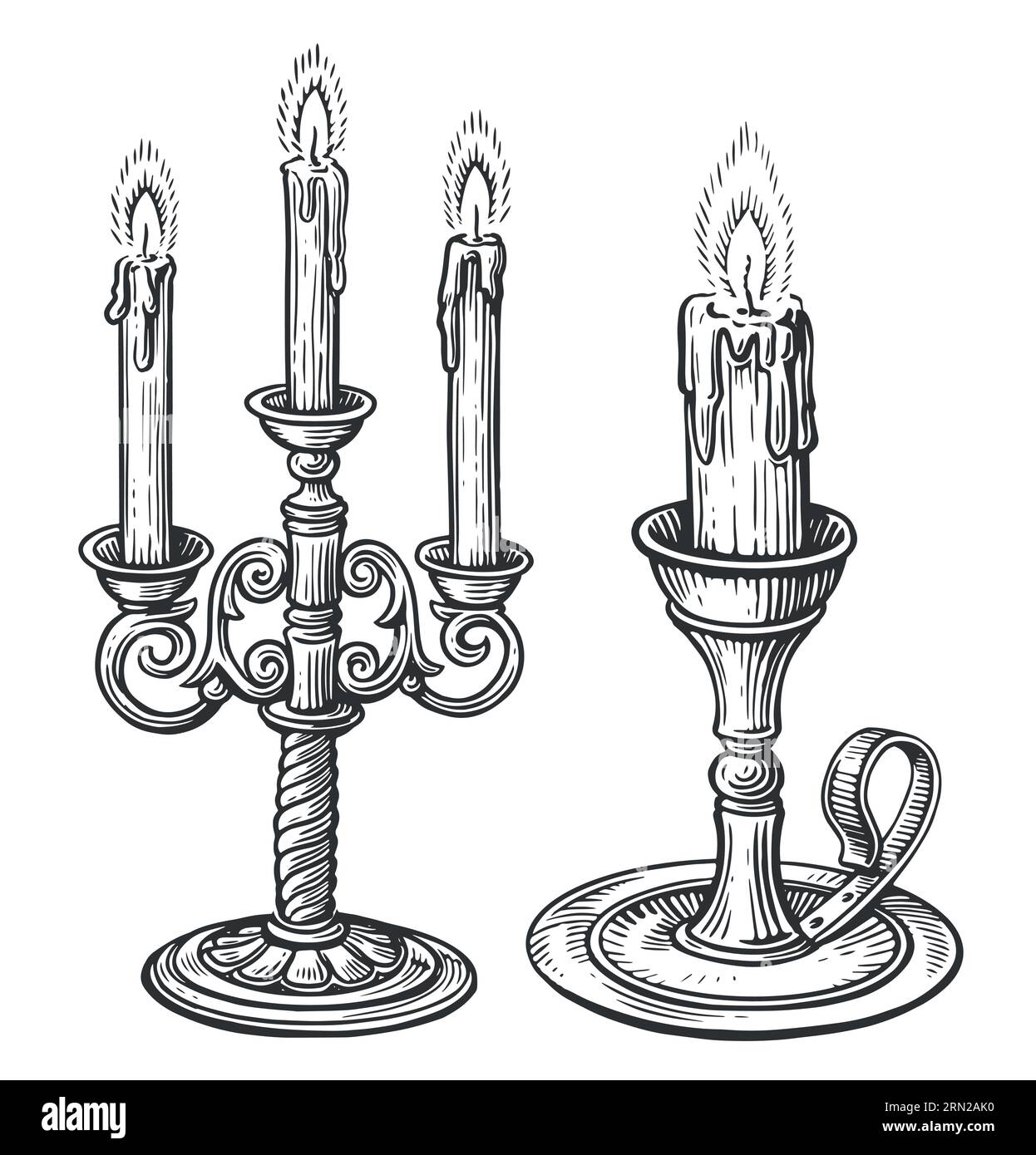 Candle on candlestick burning in vintage engraving style. Candelabrum