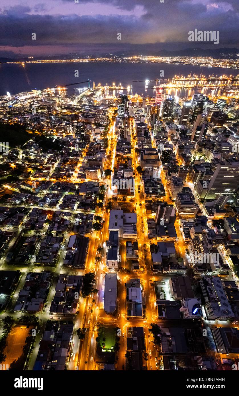 Aerial view of Cape Town city centre at night in Western Cape, South ...
