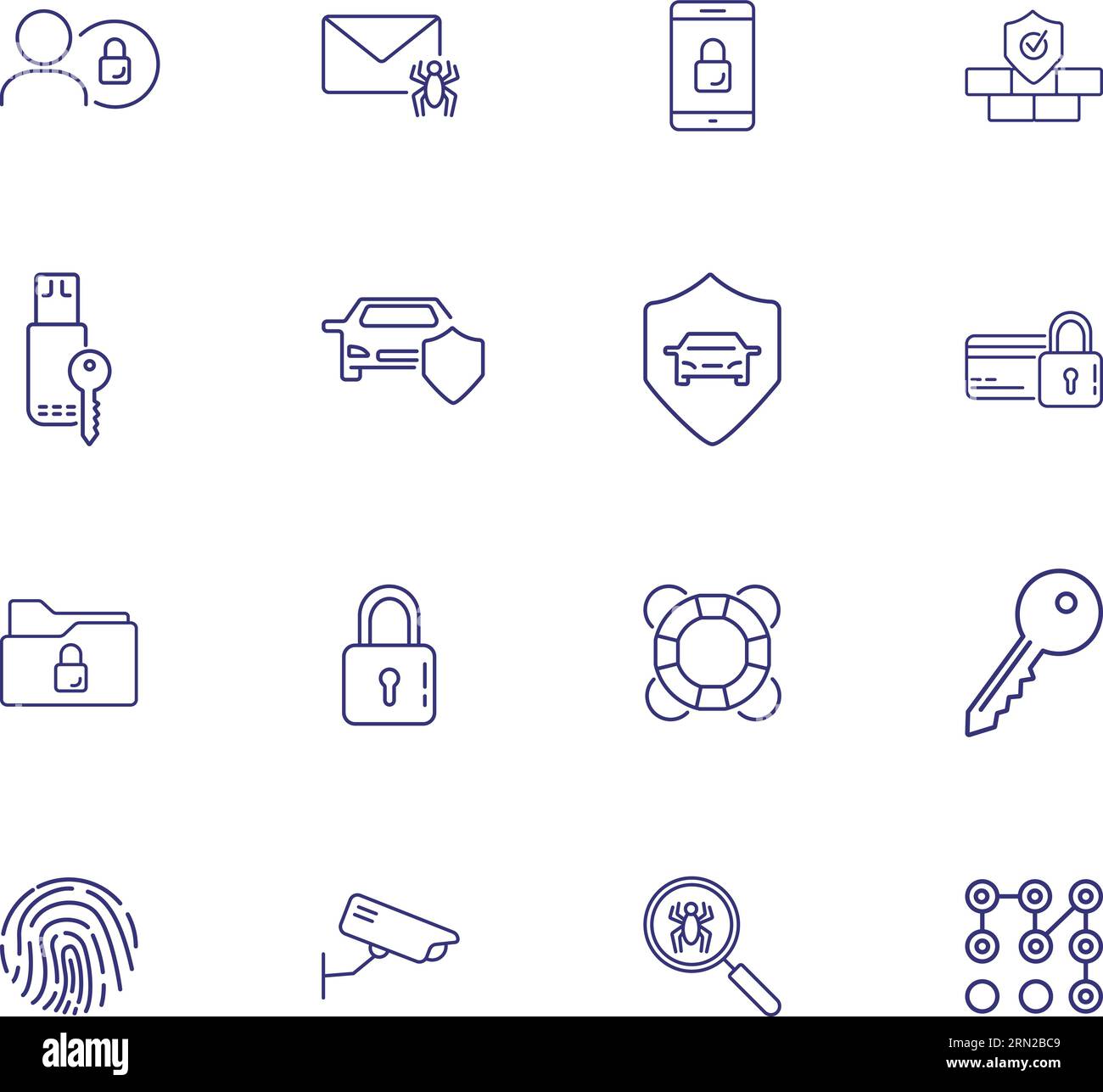 Safety system line icon set. Car, shield, lock Stock Vector
