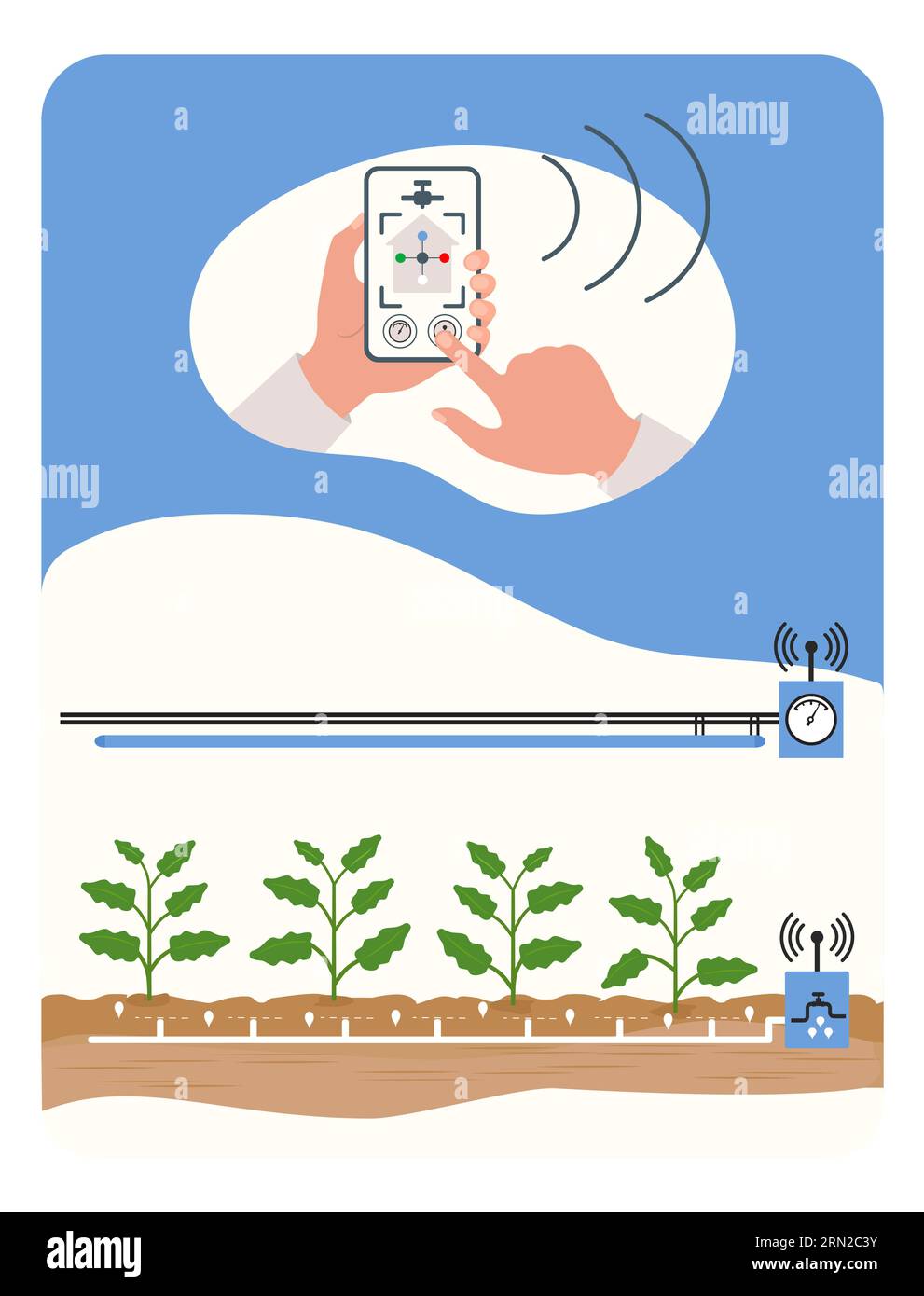 Person controls smart agricultural greenhouse system by digital device Vector illustration