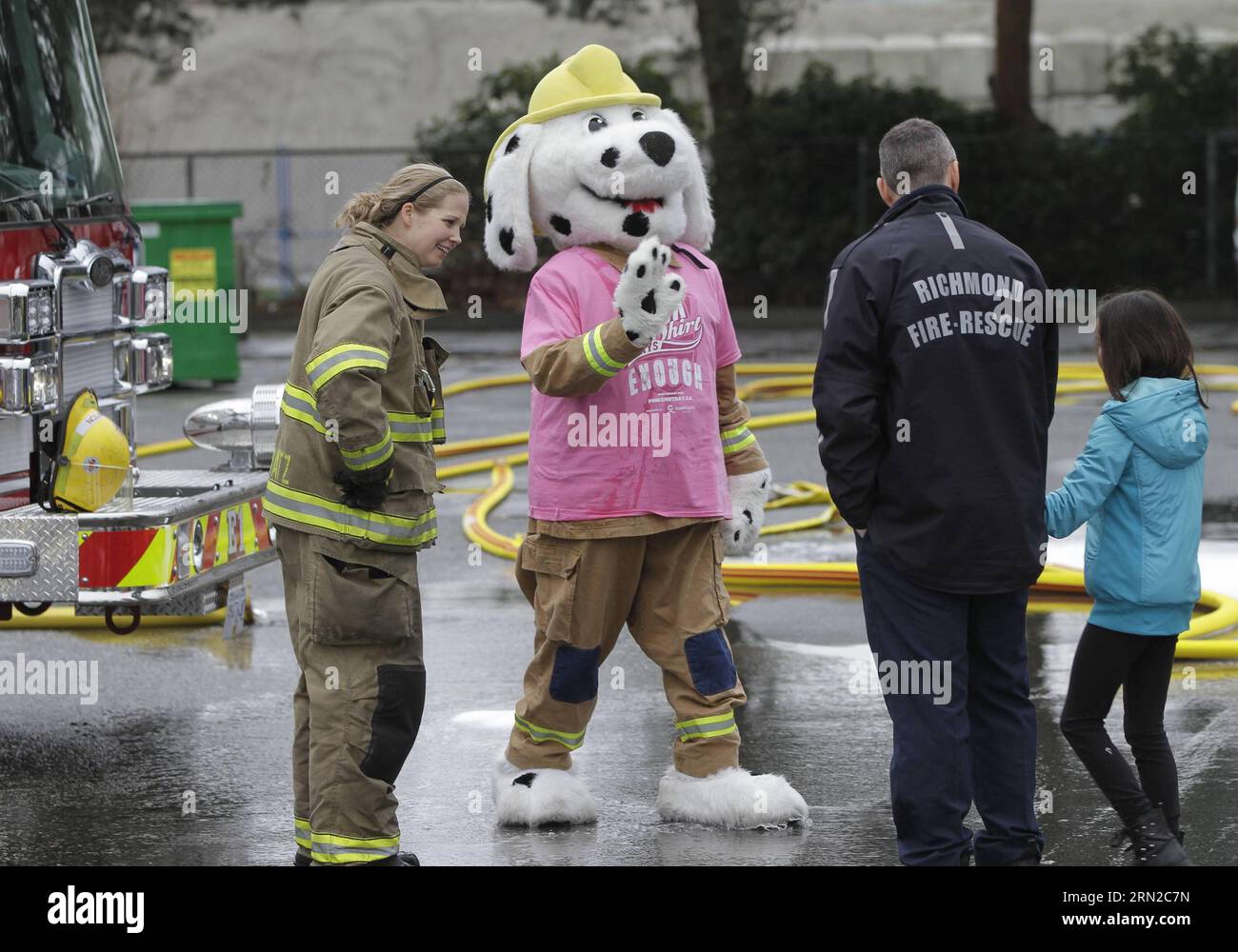(150226) -- RICHMOND, Feb. 25, 2015 -- A mascot of fire hall wearing pink shirt to support anti-bullying greets a schoolgirl at a fire hall in Richmond, Canada, Feb. 25, 2015. People from different organizations and schools across Canada wear pink shirts on the annual Pink Shirt Day to raise awareness and support anti-bullying. ) (djj) CANADA-RICHMOND-ANTI-BULLYING-PINK SHIRT DAY LiangxSen PUBLICATIONxNOTxINxCHN   Richmond Feb 25 2015 a mascot of Fire Hall Wearing Pink Shirt to Support Anti bullying greets a schoolgirl AT a Fire Hall in Richmond Canada Feb 25 2015 Celebrities from different Or Stock Photo