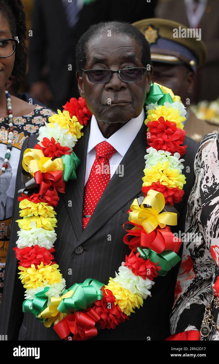(150228) -- VICTORIA FALLS (ZIMBABWE), Feb. 28, 2015 () -- Zimbabwean President Robert Mugabe is seen at a public celebration held to mark his 91st birthday in Victoria Falls, Zimbabwe, Feb. 28, 2015. Mugabe, who turns 91 this month, is the oldest leader in the world and one of the longest-serving African statesmen. Having ruled Zimbabwe for 35 years since independence, Mugabe was endorsed by the ruling ZANU-PF party as the sole candidate to contest at the age of 94 in the next presidential election in 2018. () ZIMBABWE-VICTORIA FALLS-MUGABE-BIRTHDAY Xinhua PUBLICATIONxNOTxINxCHN   Victoria Fa Stock Photo