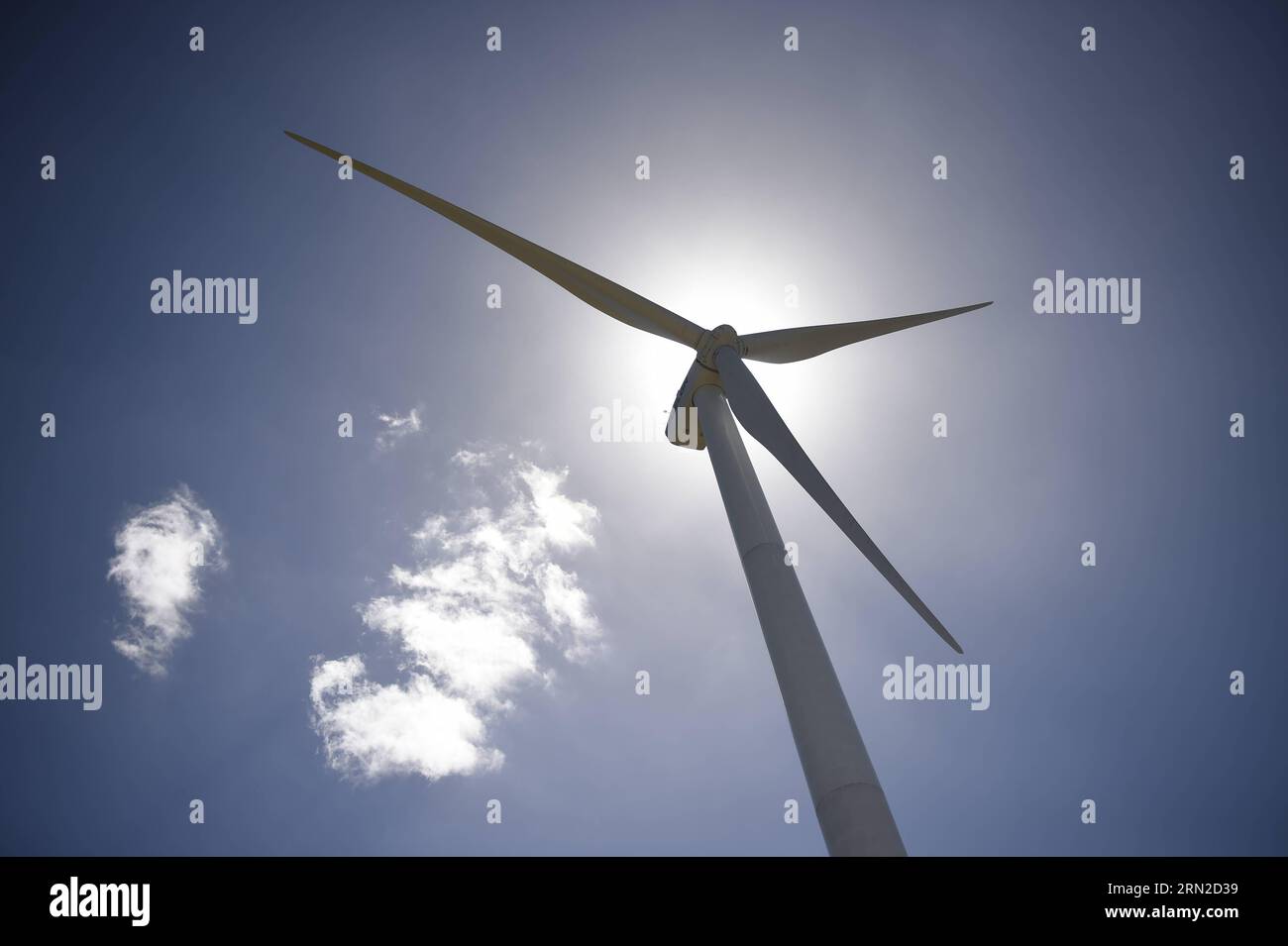 A wind turbine is seen at the Wind Park, in Colonia department, 165 km from Montevideo, capital of Uruguay, on Feb. 28, 2015. The Wind Park is a joint venture between the National Administrations of Power Plants and Electrical Transmissions of Uruguay and the Brazilian Electrobras, with an investment of 100 million U.S. dollars to supply the electrical grids of both countries. Nicolas Celaya) URUGUAY-COLONIA-BRAZIL-POLITICS-WIND PARK e NICOLASxCELAYA PUBLICATIONxNOTxINxCHN   a Wind Turbine IS Lakes AT The Wind Park in Colonia Department 165 km from Montevideo Capital of Uruguay ON Feb 28 2015 Stock Photo