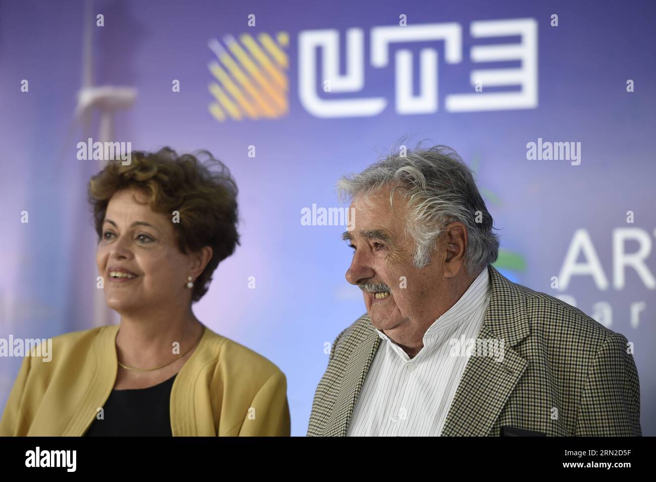 Uruguay s President Jose Mujica (R) and his Brazilian counterpart Dilma Rousseff attend the opening ceremony of the Wind Park, in Colonia department, 165 km from Montevideo, capital of Uruguay, on Feb. 28, 2015. The Wind Park is a joint venture between the National Administrations of Power Plants and Electrical Transmissions of Uruguay and the Brazilian Electrobras, with an investment of 100 million U.S. dollars to supply the electrical grids of both countries. Nicolas Celaya) URUGUAY-COLONIA-BRAZIL-POLITICS-WIND PARK e NICOLASxCELAYA PUBLICATIONxNOTxINxCHN   Uruguay S President Jose Mujica r Stock Photo