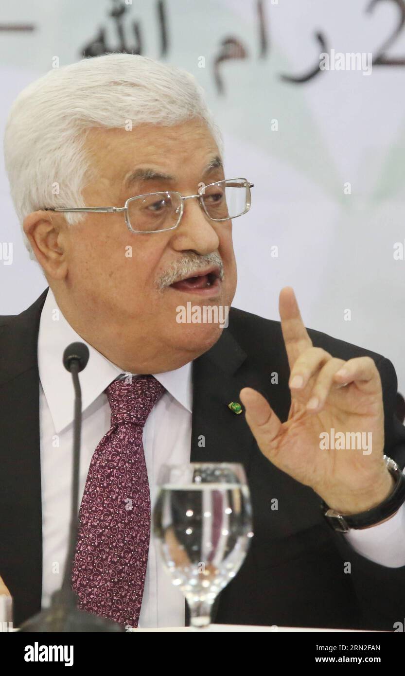 RAMALLAH, March 4, 2015 -- Palestinian President Mahmoud Abbas speaks during the meeting of the Central Council of Palestine Liberation Organization (PLO) in the West Bank city of Ramallah, Mar. 4, 2015. Abbas called on the PLO Central Council to reconsider the functions of the Palestinian National Authority (PNA) on Wednesday. Fadi Arouri) (zjy) MIDEAST-RAMALLAH-ABBAS EmadxDrimly PUBLICATIONxNOTxINxCHN   Ramallah March 4 2015 PALESTINIAN President Mahmoud Abbas Speaks during The Meeting of The Central Council of Palestine Liberation Organization PLO in The WEST Bank City of Ramallah Mar 4 201 Stock Photo