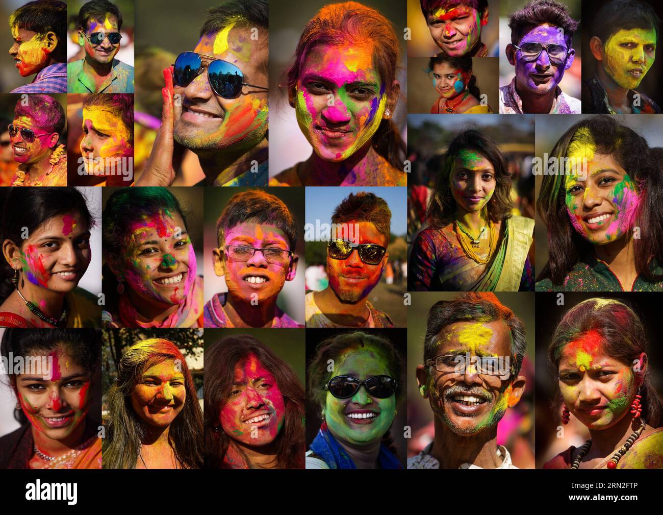 (150305) -- SANTINIKETAN, March 5, 2015 -- This combined photo shows portraits of people with colored powders on their faces as they celebrate the holi festival in Santiniketan, a small town near Bolpur in the Birbhum district of West Bengal, India, on March 5, 2015. Holi , the festival of colors, is a popular celebration of the coming of spring and it falls in West Bengal of India on the day of full moon annually in March. People play with colored powder on each other with great joy. ) INDIA-WEST BENGAL-HOLI ZhengxHuansong PUBLICATIONxNOTxINxCHN   March 5 2015 This Combined Photo Shows Portra Stock Photo