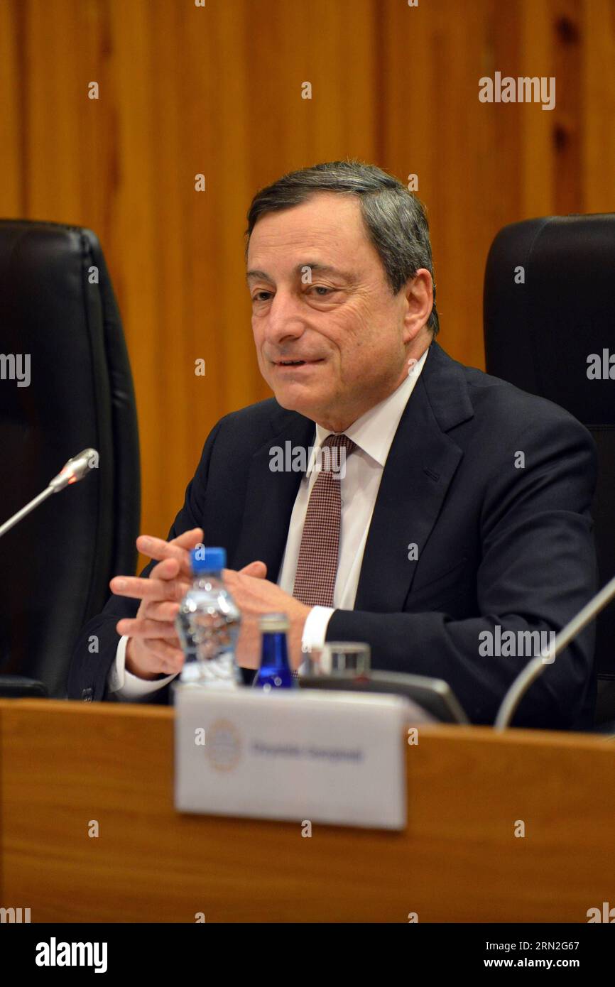 NICOSIA, March 5, 2015 -- The European Central Bank (ECB) President Mario Draghi addresses at the press conference after a meeting of ECB Governing Council in the Cypriot capital of Nicosia, March 5, 2015. ECB said on Thursday that its quantitative easing program (QE) will start on March 9. ) (zjy) CYPRUS-NICOSIA-ECB-QE StefanosxKouratzis PUBLICATIONxNOTxINxCHN   Nicosia March 5 2015 The European Central Bank ECB President Mario Draghi addresses AT The Press Conference After a Meeting of ECB governing Council in The Cypriot Capital of Nicosia March 5 2015 ECB Said ON Thursday Thatcher its quan Stock Photo