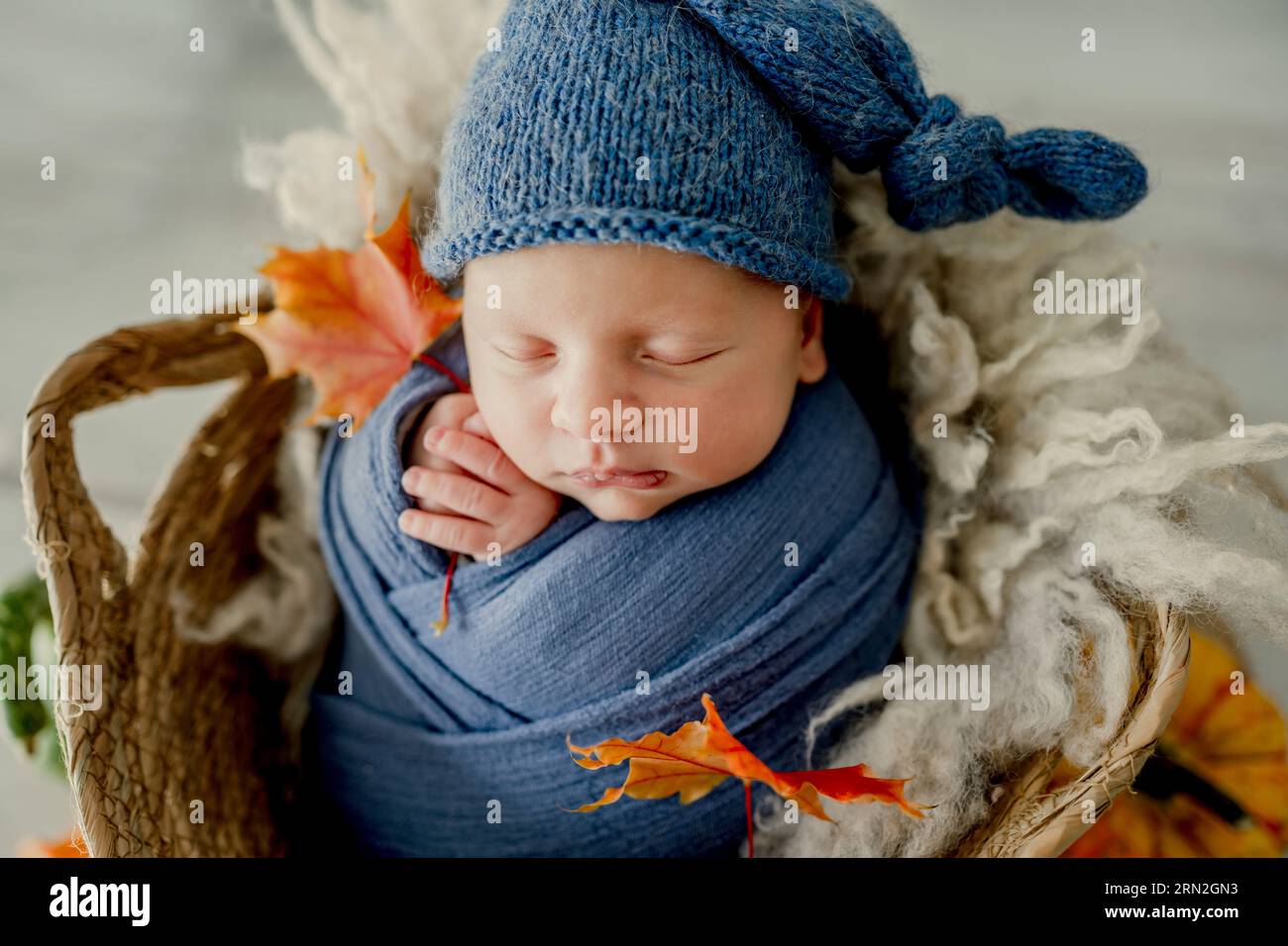 Newborn baby boy swaddled in fabric sleeping with knitted pumpkin toy and decoration. Adorable infant child kid studio halloween portrait Stock Photo