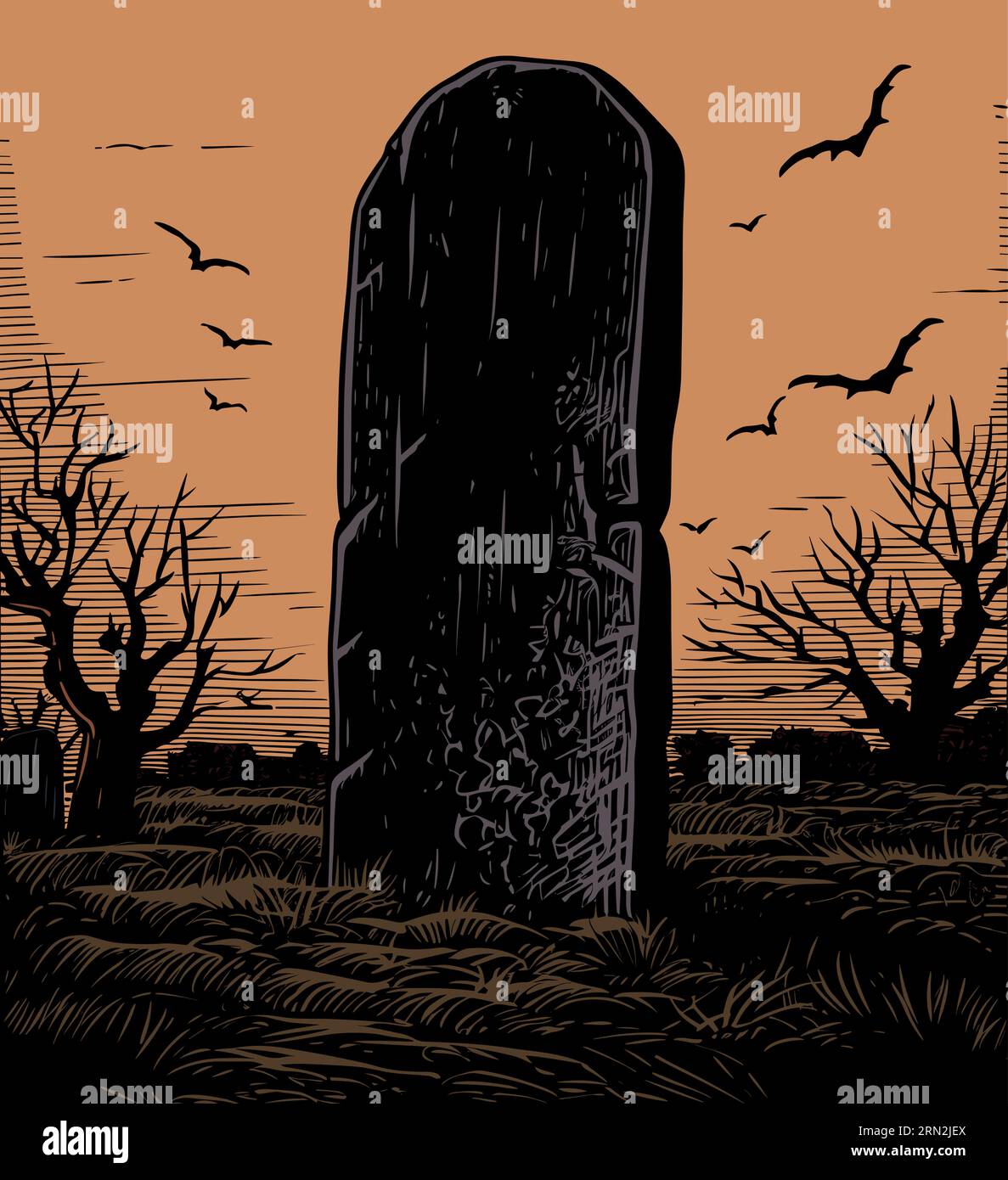 Illustration of creepy tombstone in dark meadow. Stock Vector