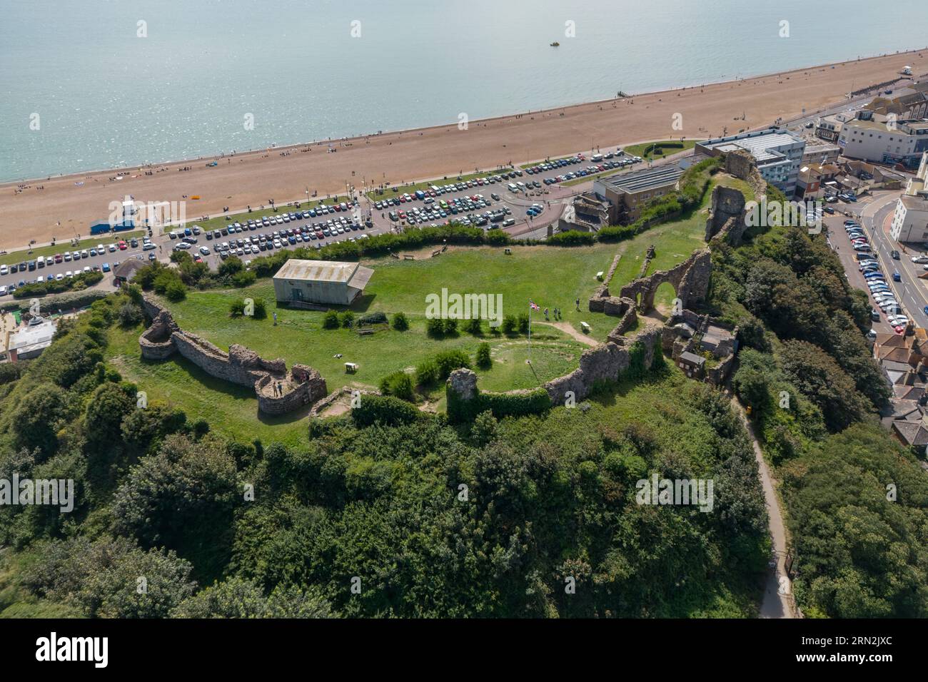 Aerial view of the Hastings Castle, East Sussex, UK. Stock Photo