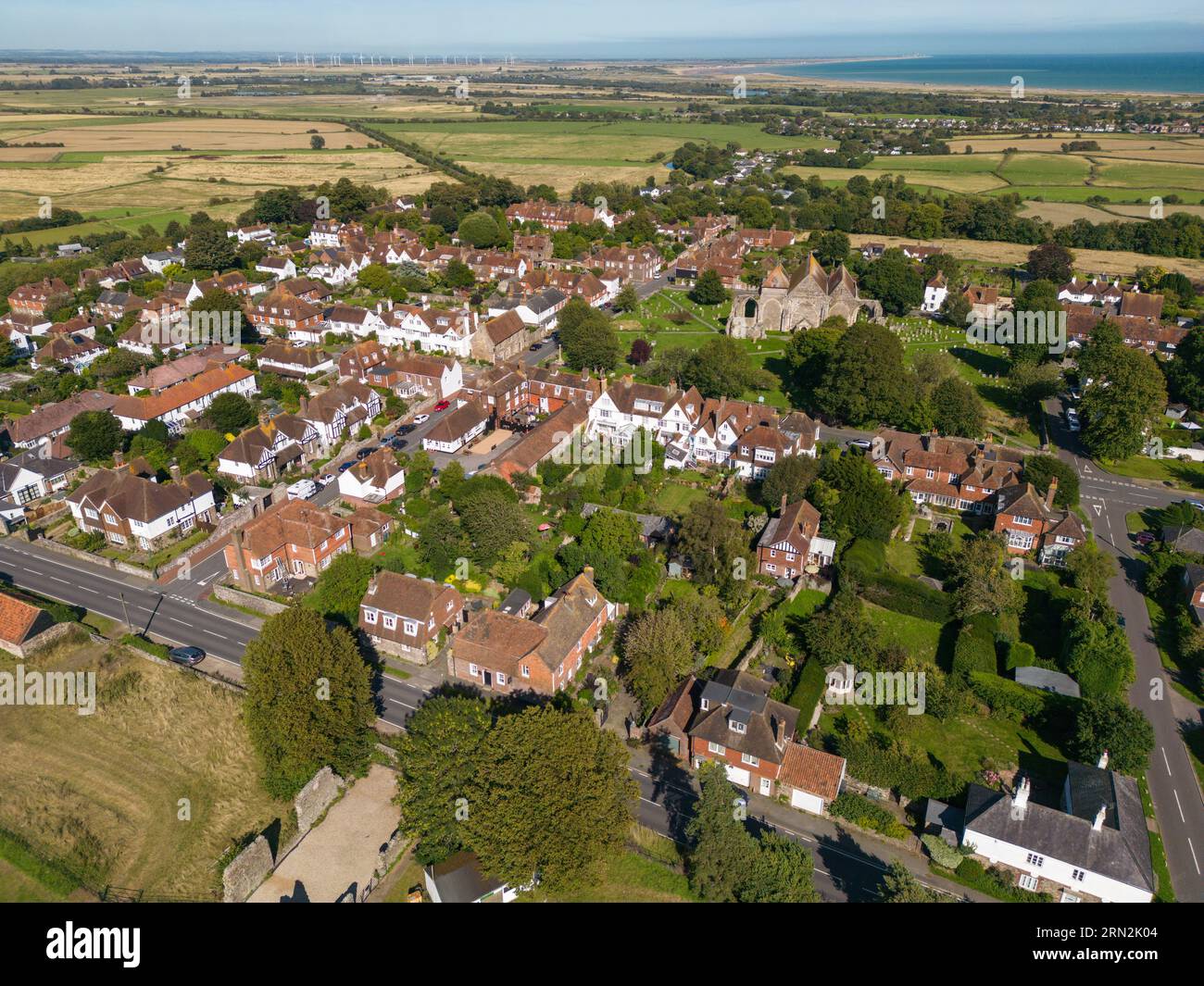 Aerial view of Winchelsea including the Church of St Thomas, Winchelsea, East Sussex, UK (view