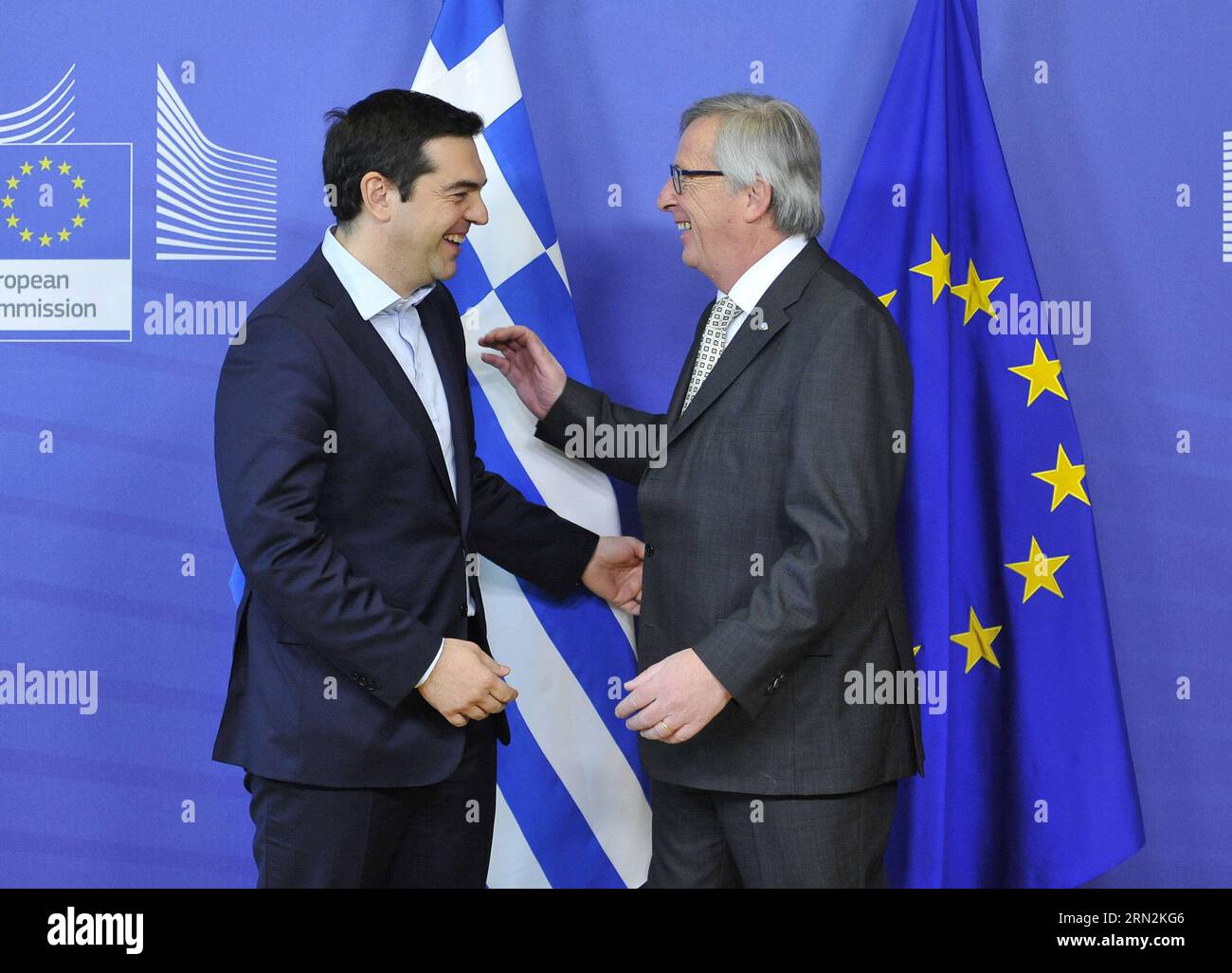 (150313) -- BRUSSELS, March 13, 2015 -- Greece s Prime Minister Alexis Tsipras (L) meets the European Commission President Jean-Claude Juncker at EU headquarters in Brussels, Beglium, March 13, 2015. ) BELGIUM-BRUSSELS-EU-JUNCKER-GREECE-TSIPRAS YexPingfan PUBLICATIONxNOTxINxCHN   Brussels March 13 2015 Greece S Prime Ministers Alexis Tsipras l Meets The European Commission President Jean Claude Juncker AT EU Headquarters in Brussels Beglium March 13 2015 Belgium Brussels EU Juncker Greece Tsipras  PUBLICATIONxNOTxINxCHN Stock Photo