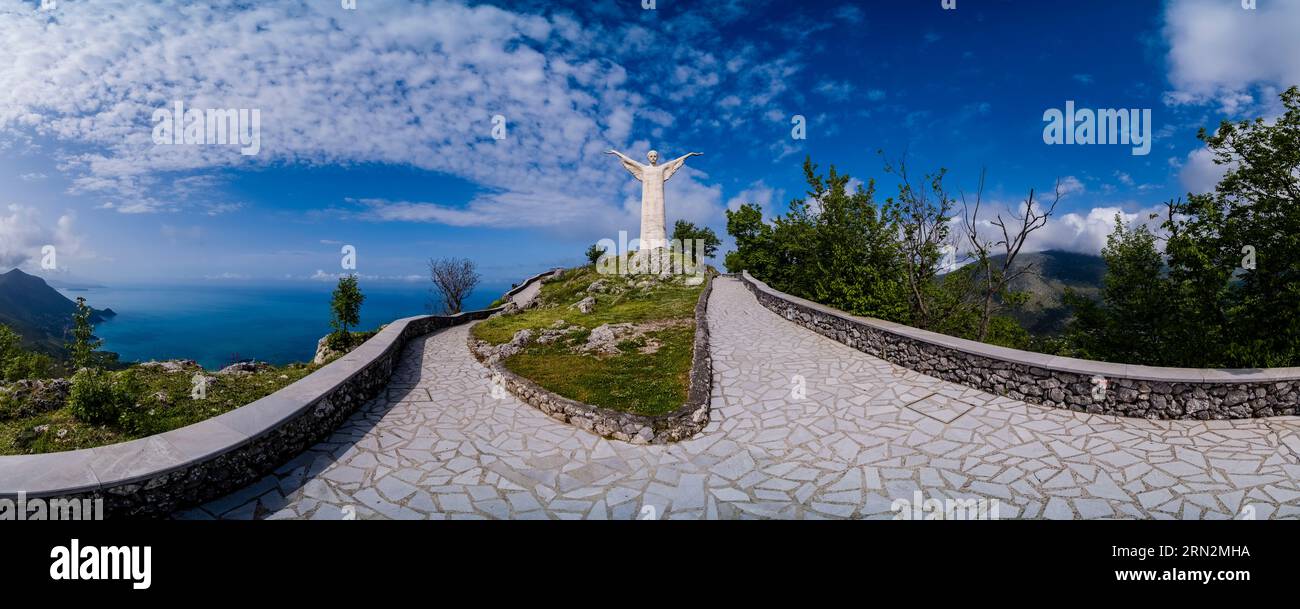 Panoramic view of the Statue of Christ the Redeemer of Maratea on the top of the Mountain St. Biagio. Stock Photo