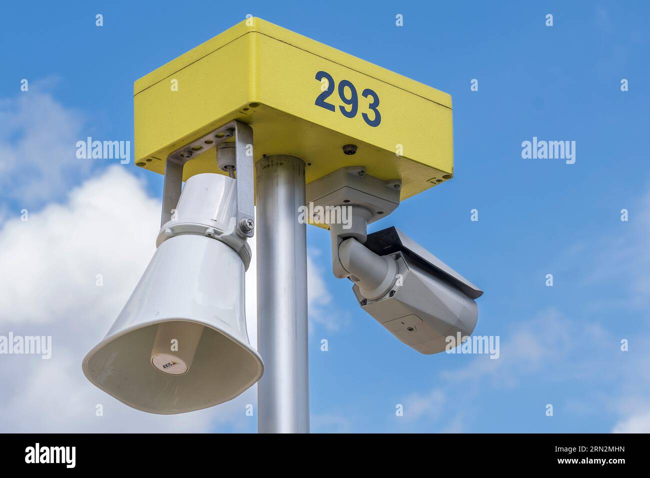 Former Clouth works in Cologne-Nippes. Video surveillance with loudspeaker at a construction site Stock Photo