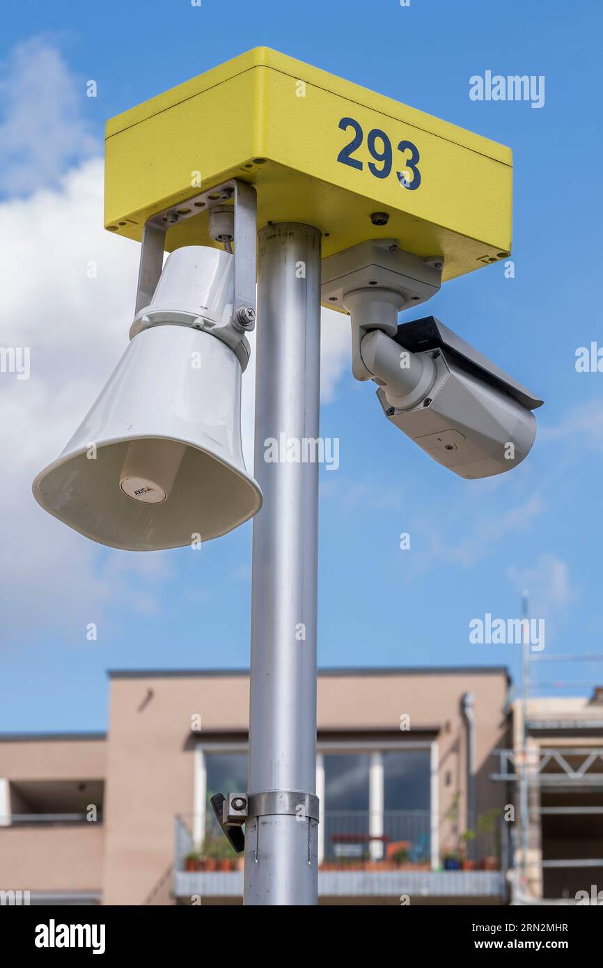Former Clouth works in Cologne-Nippes. Video surveillance with loudspeaker at a construction site Stock Photo