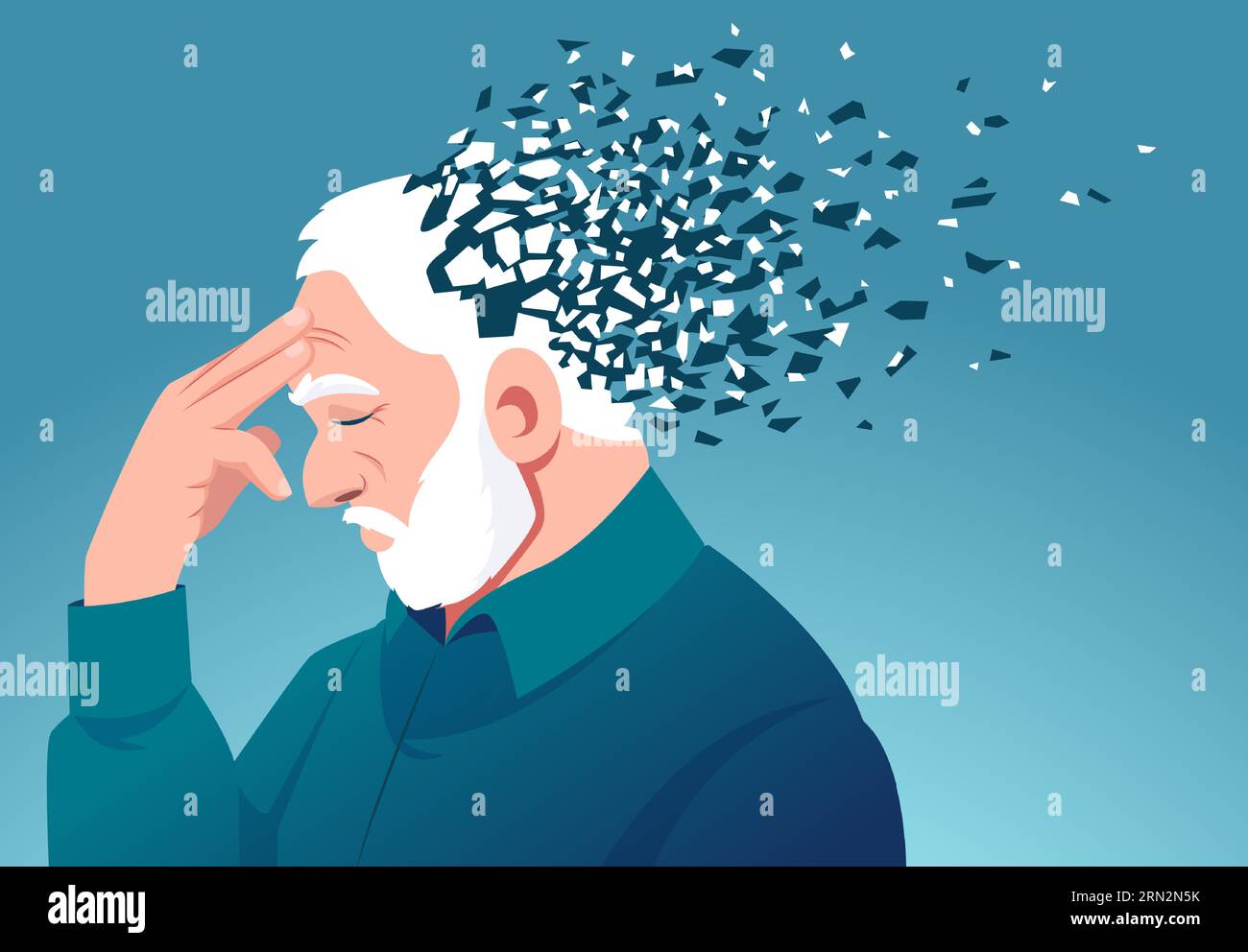 Memory loss due to dementia. Vector of a senior man losing parts of head as symbol of decreased brain function Stock Vector