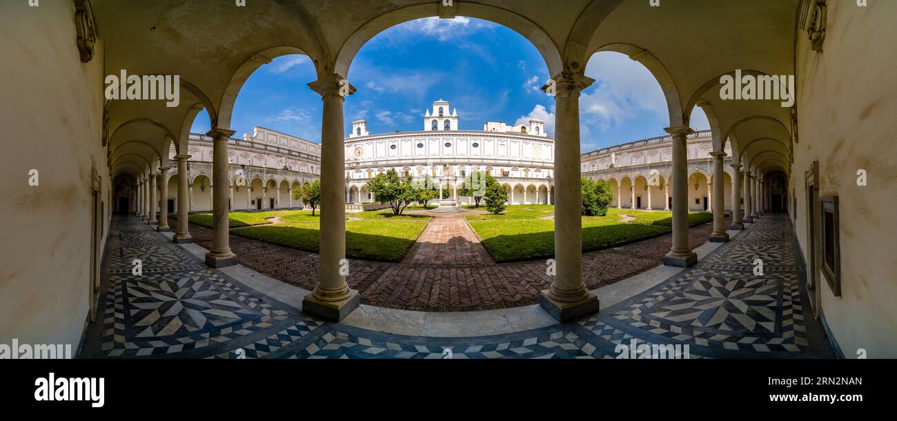 Panoramic view of the courtyard and cloister of the Certosa di San Martino, located on Vomero Hill. Stock Photo