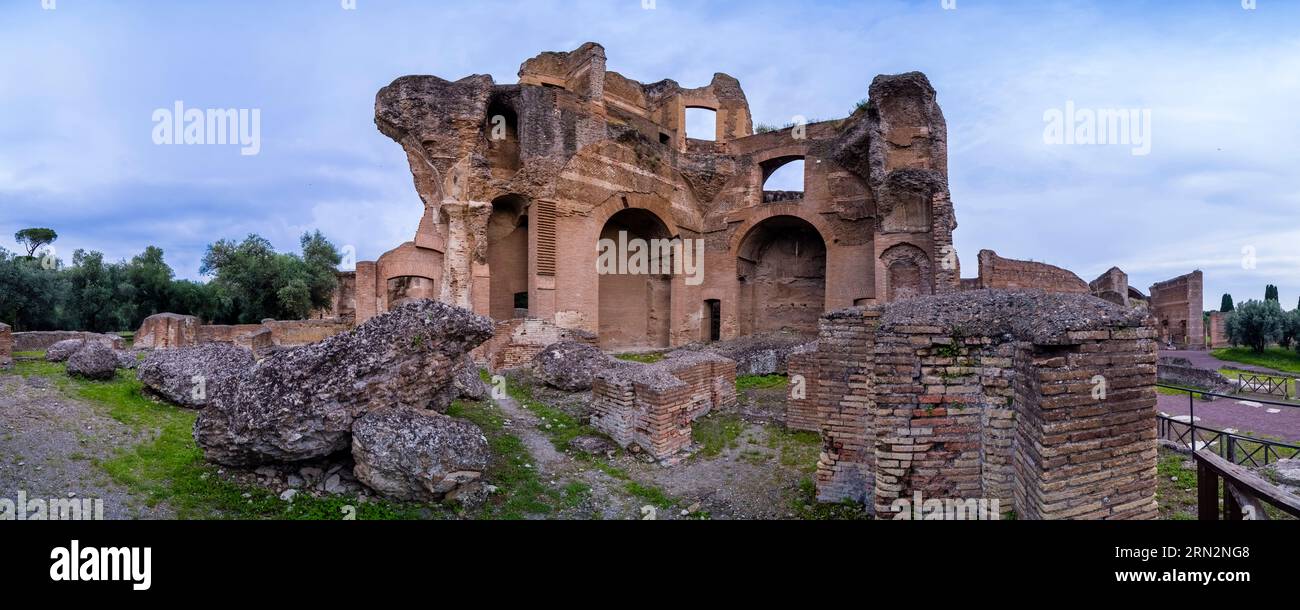 Panoramic view of the ruins of the Cortile delle biblioteche in the archaeological site of Hadrian's Villa, Villa Adriana. Stock Photo