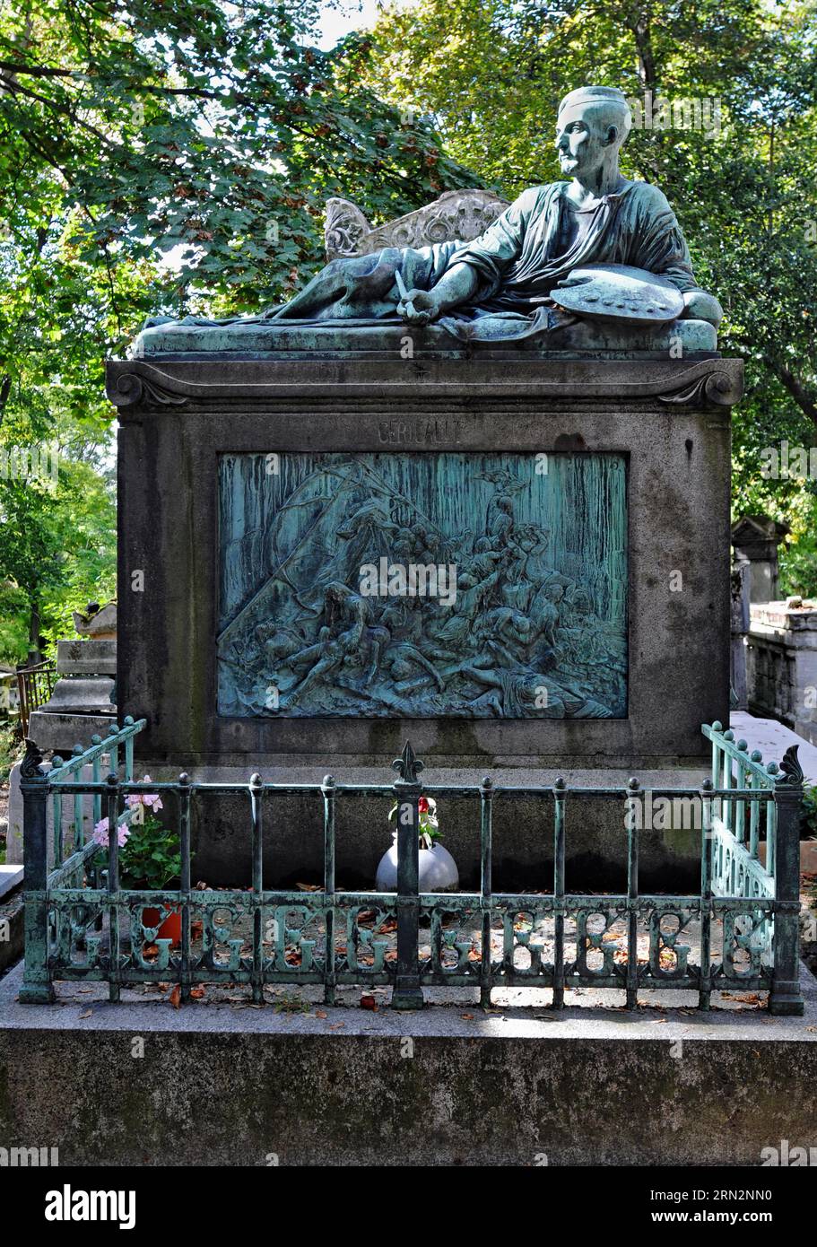 The elaborate tomb of French painter Théodore Géricault, with sculptures by Antoine Étex, in Paris' Pere Lachaise cemetery. Stock Photo
