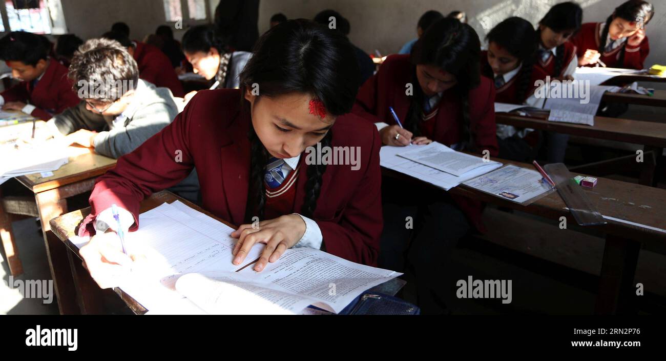 (150319) -- KATHMANDU, March 19, 2015 -- Students attend the School Leaving Certificate (SLC) examination in Kathmandu, Nepal, March 19, 2015. SLC is the final examination in the secondary school system of Nepal, which is also known as the Iron Gate for school students. ) (lrz) NEPAL-KATHMANDU-SLC EXAMINATION SunilxSharma PUBLICATIONxNOTxINxCHN   Kathmandu March 19 2015 Students attend The School leaving Certificate SLC Examination in Kathmandu Nepal March 19 2015 SLC IS The Final Examination in The Secondary School System of Nepal Which IS Thus known As The Iron Gate for School Students  Nepa Stock Photo