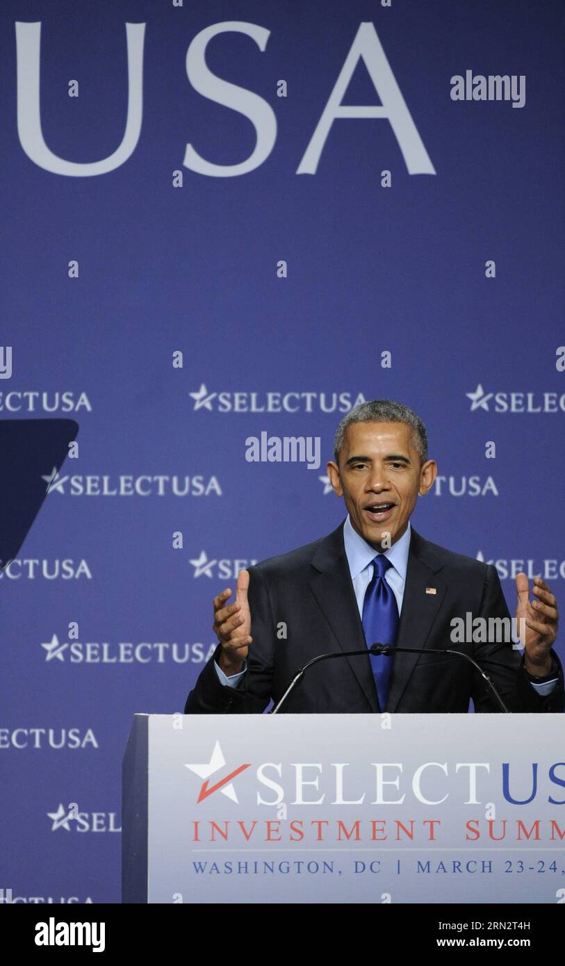 (150323) -- WASHINGTON D.C., March 23, 2015 -- U.S. President Barack Obama speaks during the 2015 SelectUSA Investment Summit in Washington D.C., capital of the United States, March 23, 2015. U.S. President Barack Obama on Monday announced a series of new measures to lure more foreign investment and bolster economic recovery. ) U.S.-WASHINGTON D.C.-SELECTUSA-INVESTMENT SUMMIT BaoxDandan PUBLICATIONxNOTxINxCHN   Washington D C March 23 2015 U S President Barack Obama Speaks during The 2015  Investment Summit in Washington D C Capital of The United States March 23 2015 U S President Barack Obama Stock Photo