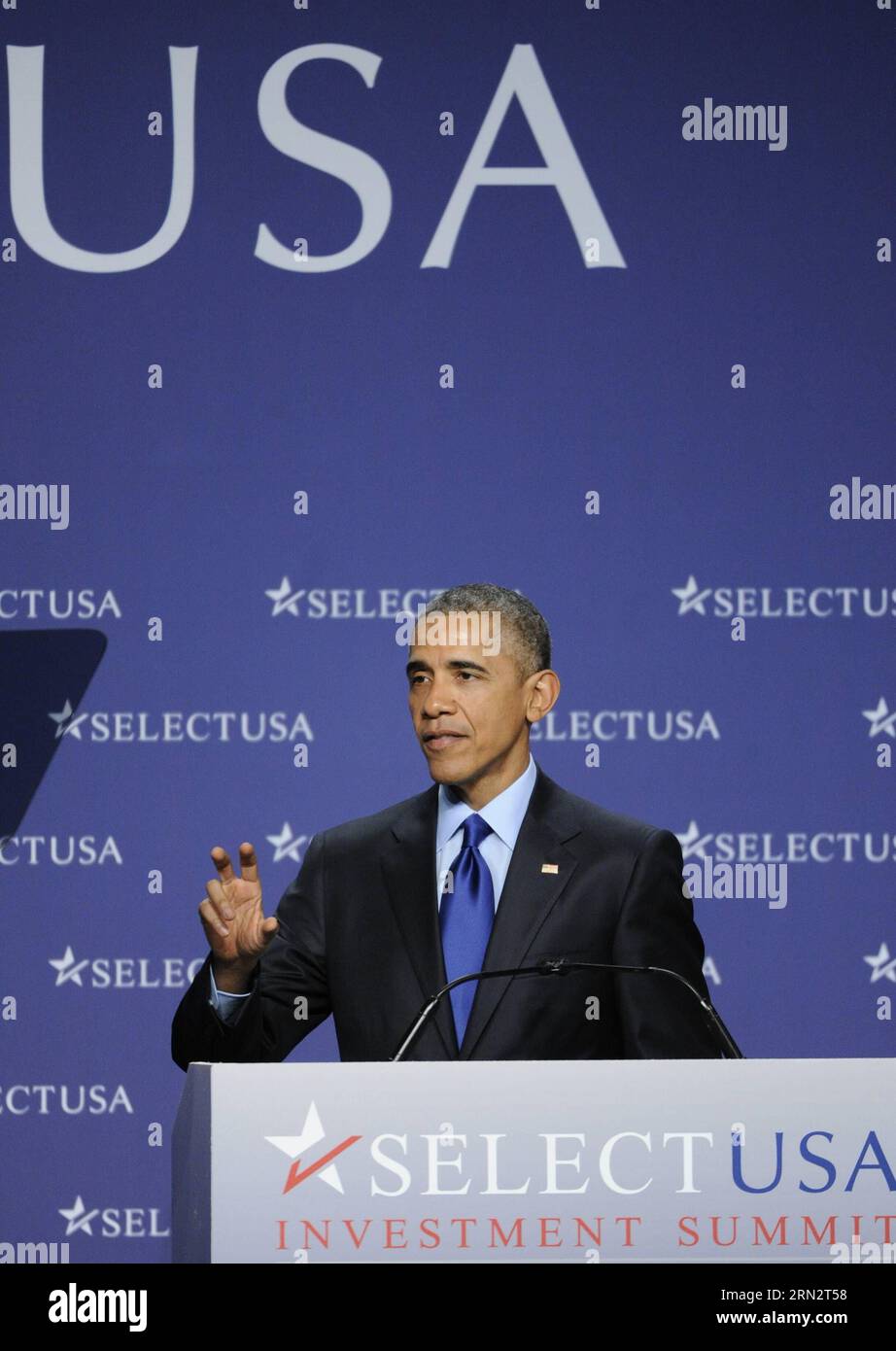(150323) -- WASHINGTON D.C., March 23, 2015 -- U.S. President Barack Obama speaks during the 2015 SelectUSA Investment Summit in Washington D.C., capital of the United States, March 23, 2015. U.S. President Barack Obama on Monday announced a series of new measures to lure more foreign investment and bolster economic recovery. ) U.S.-WASHINGTON D.C.-SELECTUSA-INVESTMENT SUMMIT BaoxDandan PUBLICATIONxNOTxINxCHN   Washington D C March 23 2015 U S President Barack Obama Speaks during The 2015  Investment Summit in Washington D C Capital of The United States March 23 2015 U S President Barack Obama Stock Photo