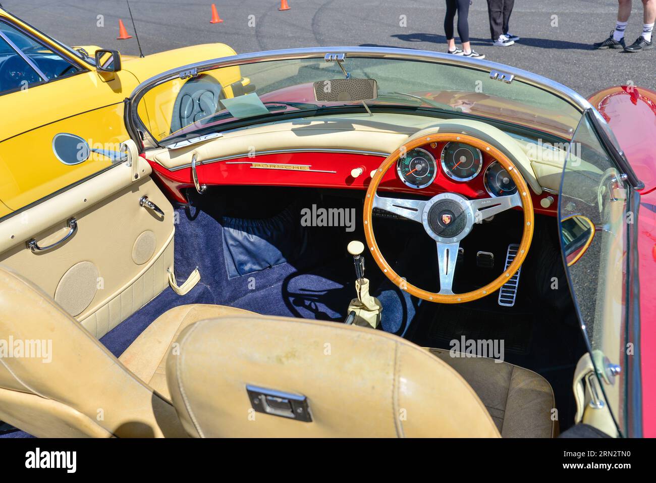 Classic Vintage Porsche 356 Convertible Red Car On Show Sunny Day Racetrack Melbourne Australia