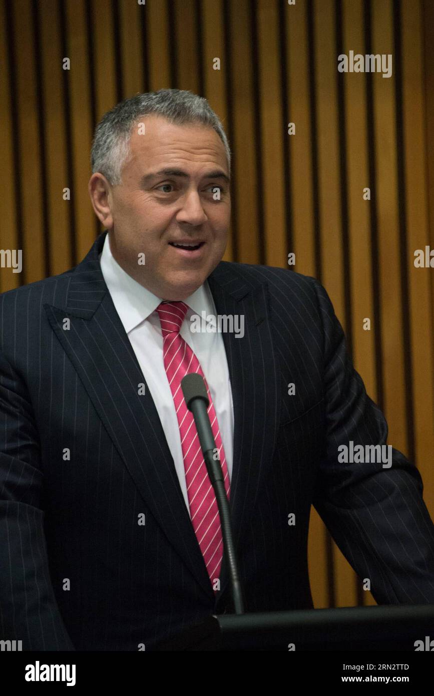 (150325) -- CANBERRA, March 25, 2015 -- Australian Treasurer Joe Hockey (C) speaks during the launching meeting of Australian China Business Council (ACBC) s 2014 Australia-China Trade Report at the Parliament House in Canberra, Australia, March 25, 2015. Joe Hockey, an early proponent of the bank in Australia, said on Wednesday Australia would do its best to meet next Tuesday s deadline. ) (djj) AUSTRALIA-CANBERRA-AIIB JustinxQian PUBLICATIONxNOTxINxCHN   Canberra March 25 2015 Australian Treasurer Joe Hockey C Speaks during The Launching Meeting of Australian China Business Council  S 2014 A Stock Photo