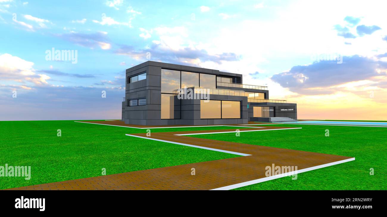 A pathway paved with brown tile to the modern house on the fresh cut ...