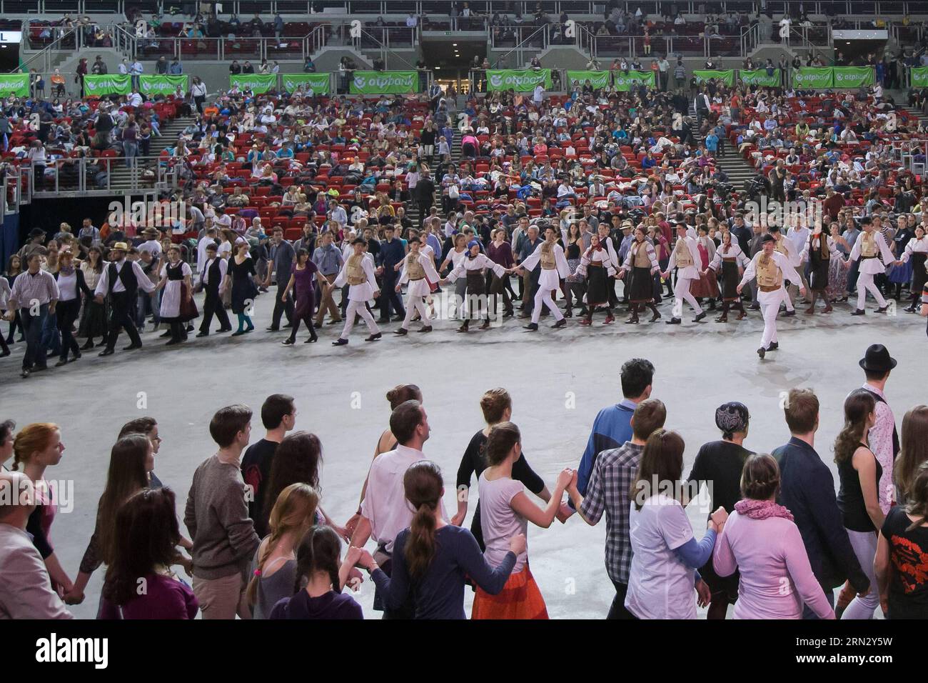 People dance during the National Folk Dance Gathering at the Papp Laszlo Sports Arena in Budapest, Hungary, on March 28, 2015. ) (dzl) HUNGARY-BUDAPEST-FOLK DANCE-FESTIVAL AttilaxVolgyi PUBLICATIONxNOTxINxCHN   Celebrities Dance during The National Folk Dance Gathering AT The Papp Laszlo Sports Arena in Budapest Hungary ON March 28 2015 dzl Hungary Budapest Folk Dance Festival ATTILAxVOLGYI PUBLICATIONxNOTxINxCHN Stock Photo