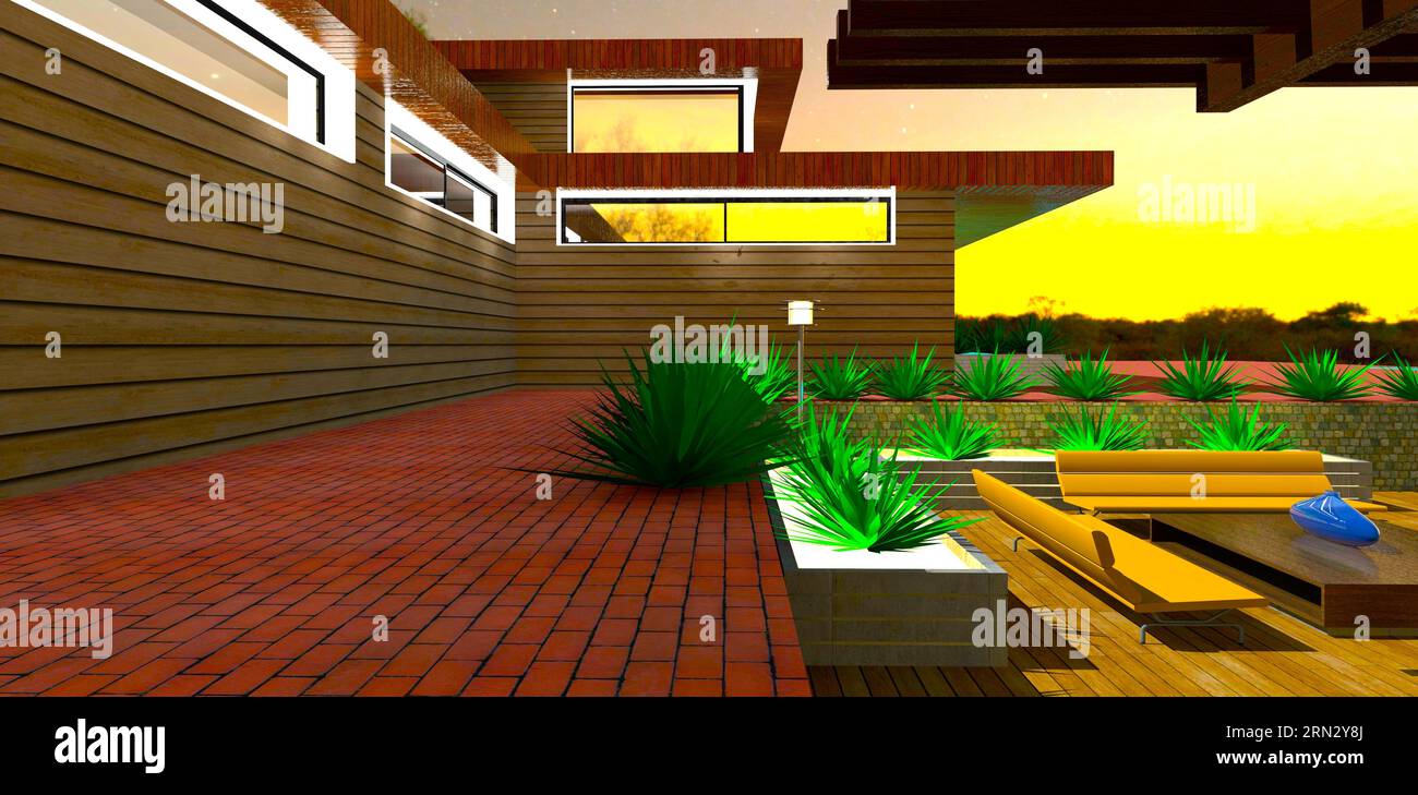 House finished with eco-friendly facade board. Night view. Cozy patio ...