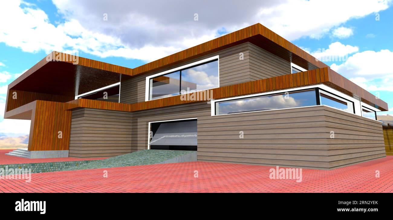 Metal garage gate of the suburban property finished with facade board under the cloudy sky. 3d rendering. Stock Photo