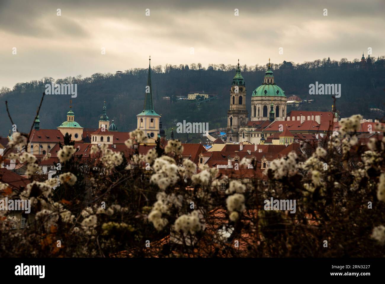 Baroque dome of Saint Nicholas Church in Prague, Czech Republic from Castle Hill. Stock Photo
