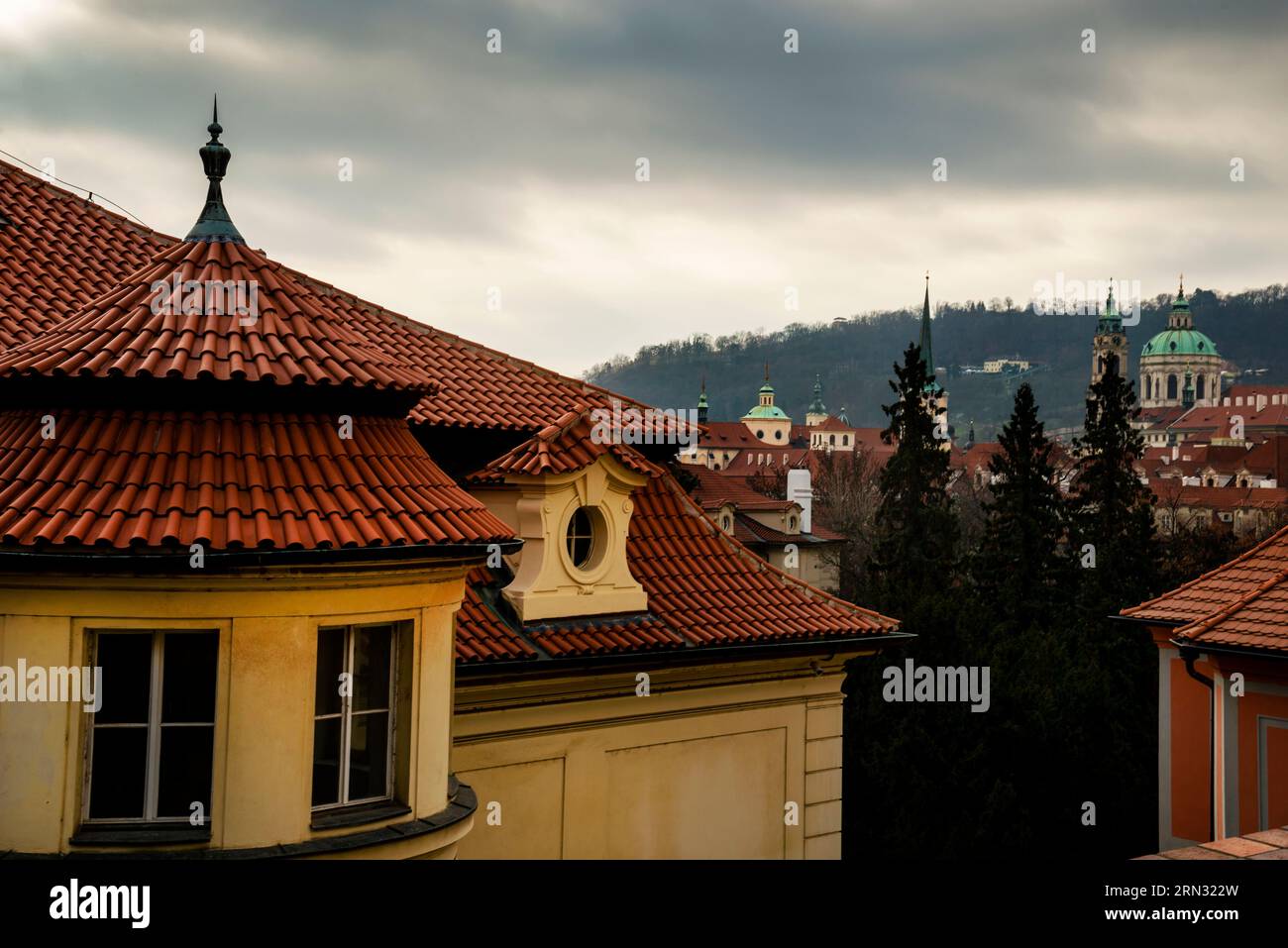 Finials and spires of Prague from Castle Hill in the Czech Republic. Stock Photo