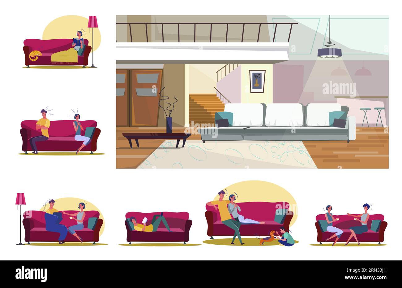 Set of people sitting on sofas in various positions Stock Vector Image