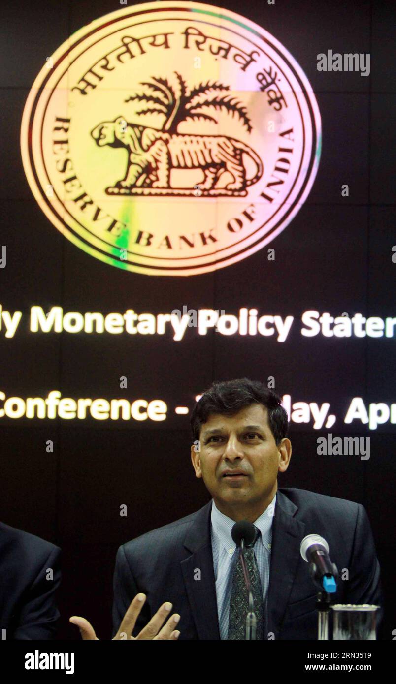 (150407) -- MUMBAI, April 7, 2015 -- Reserve Bank of India (RBI) Governor Raghuram Rajan attends a press conference after the first bi-monthly review of the monetary policy for the current fiscal year in Mumbai, India, April 7, 2015. RBI chief Raghuram Rajan Tuesday flayed the banks for not passing on the benefits of lower interest rates to consumers.)(zhf) INDIA-MUMBAI-CENTRAL BANK-PRESS CONFERENCE Stringer PUBLICATIONxNOTxINxCHN   Mumbai April 7 2015 Reserve Bank of India RBI Governor Raghuram Rajan Attends a Press Conference After The First Bi monthly REVIEW of The Monetary Policy for The C Stock Photo