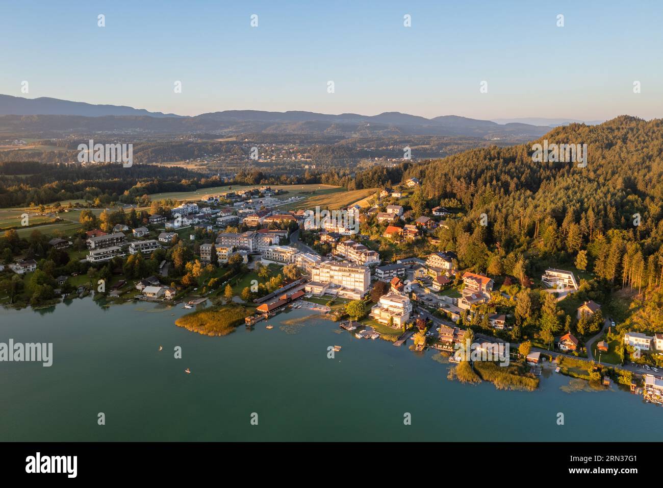 View of the village Egg at the lake Faaker See in Carinthia (Kärnten), Austria Stock Photo