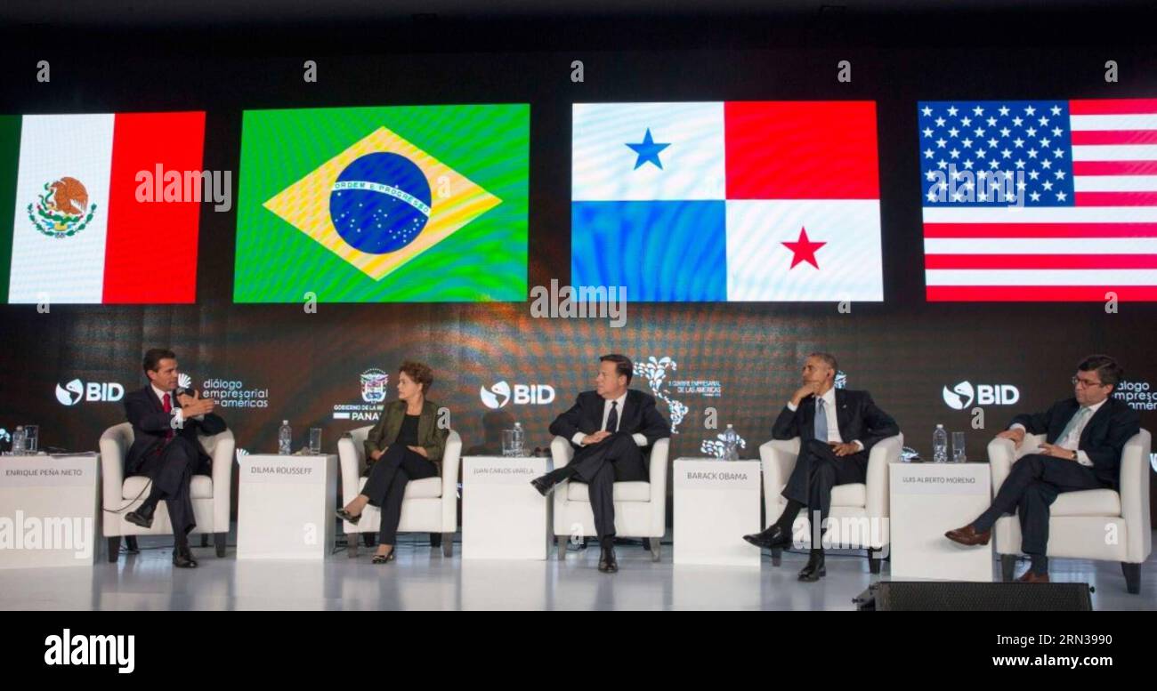 (150411) -- PANAMA CITY, April 11, 2015 -- (From L to R) Image provided by Mexico s Presidency shows Mexican President Enrique Pena Nieto, Brazilian President Dilma Rousseff, Panamanian President Juan Carlos Varela, U.S. President Barack Obama and Luis Alberto Moreno, president of the Inter-American Development Bank, Attending the Business Summit before the 7th Summit of the Americas, in Panama City, capital of Panama, on April 10, 2015.Mexico s Presidency) (da) PANAMA-PANAMA CITY-AMERICAN SUMMIT-BUSINESS MEETING MEXICANxPRESIDENCY PUBLICATIONxNOTxINxCHN   Panama City April 11 2015 from l to r Stock Photo
