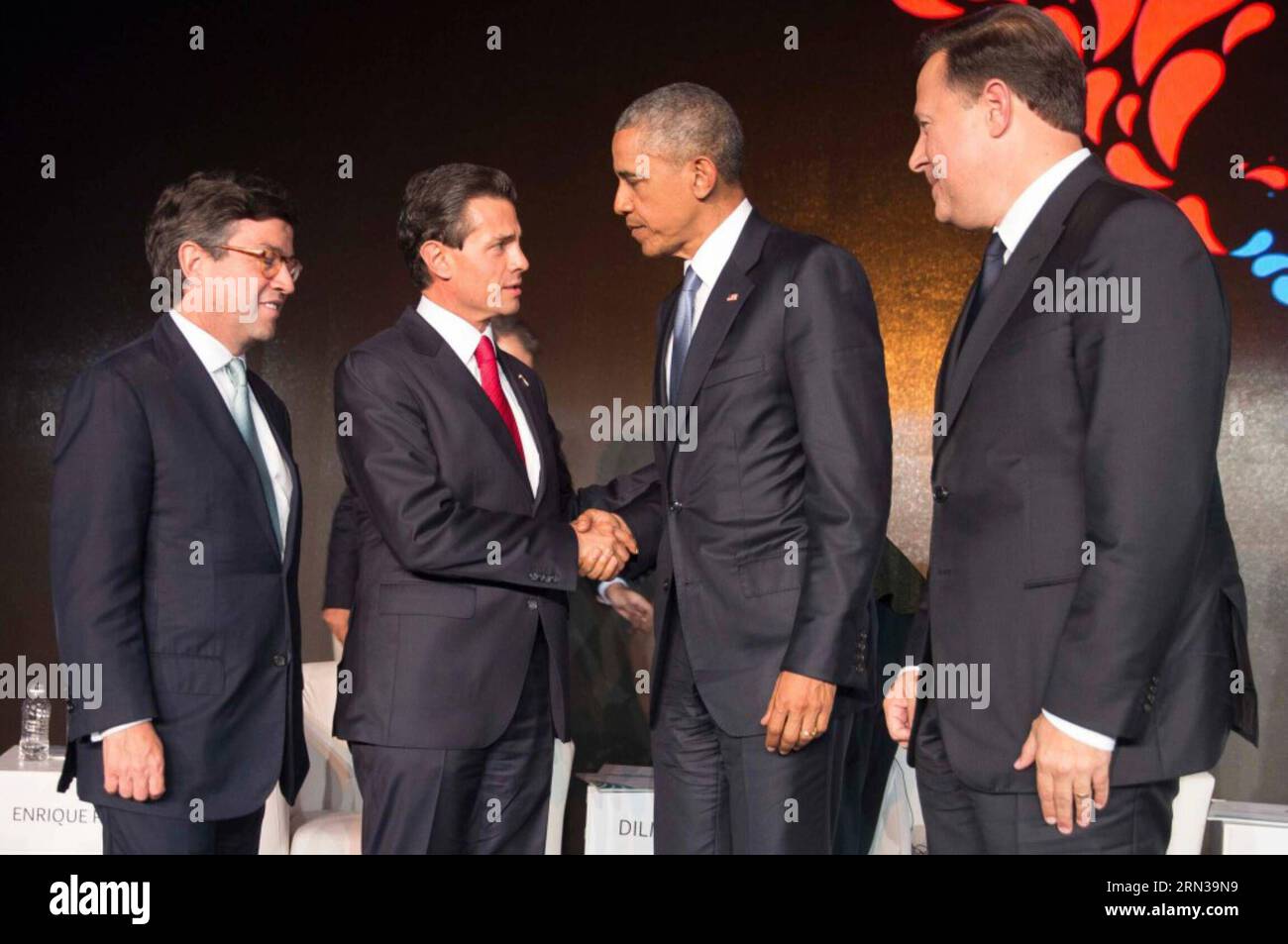 (150411) -- PANAMA CITY, April 11, 2015 -- (From L to R) Image provided by Mexico s Presidency shows Luis Alberto Moreno, president of the Inter-American Development Bank, Mexican President Enrique Pena Nieto, U.S. President Barack Obama and Panamanian President Juan Carlos Varela posing for photos during the Business Summit before the 7th Summit of the Americas, in Panama City, capital of Panama, on April 10, 2015. Mexico s Presidency) (da) PANAMA-PANAMA CITY-AMERICAN SUMMIT-BUSINESS MEETING MEXICANxPRESIDENCY PUBLICATIONxNOTxINxCHN   Panama City April 11 2015 from l to r Image provided by Me Stock Photo